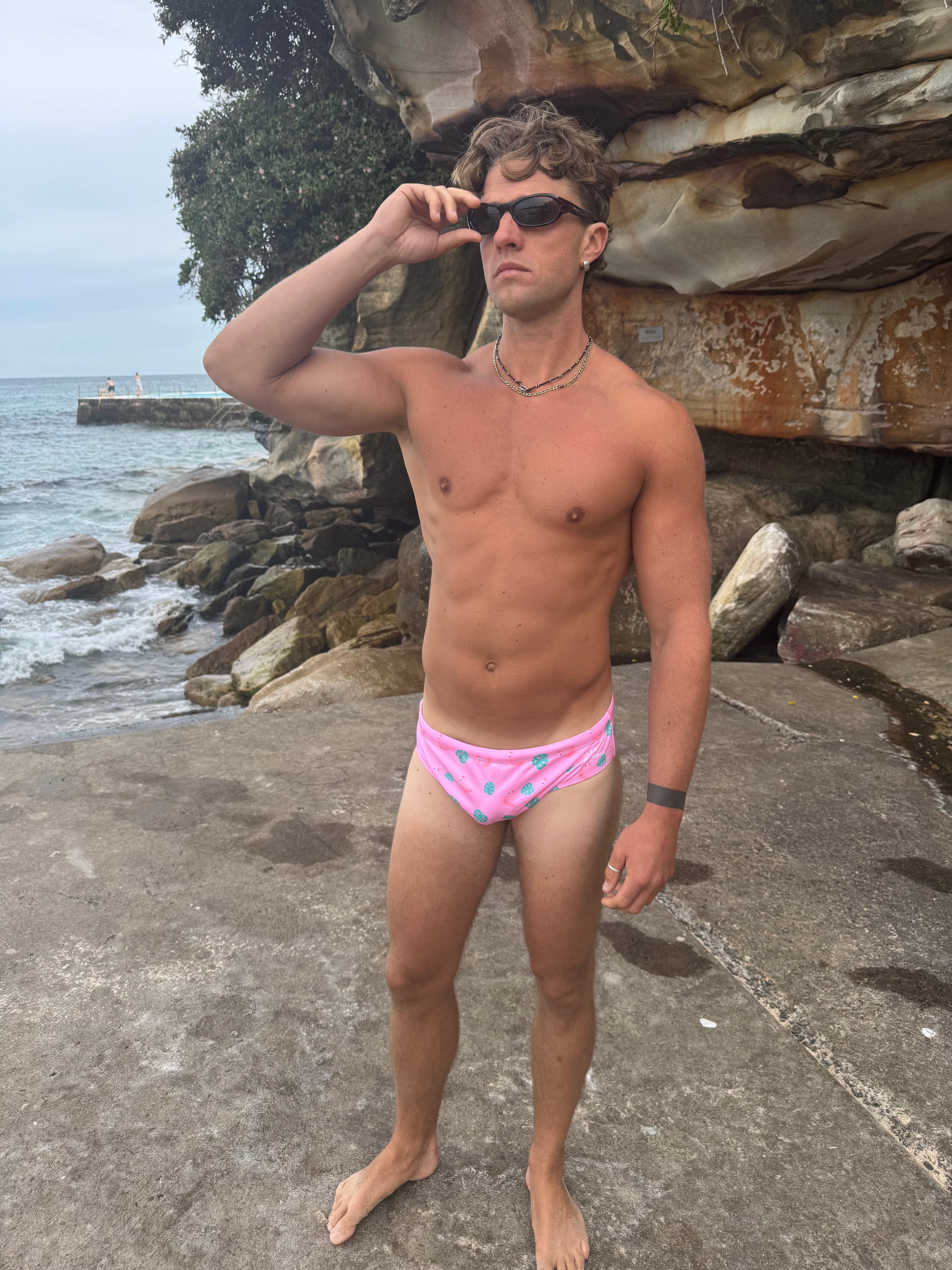 Pink Leaves swim briefs with drawstring waist, sustainable mens swimwear, Salty Johnson