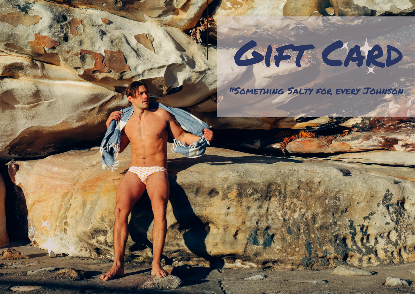 Salty Johnson AU sustainable swimwear gift card featuring a man in swim briefs by rocky beach background