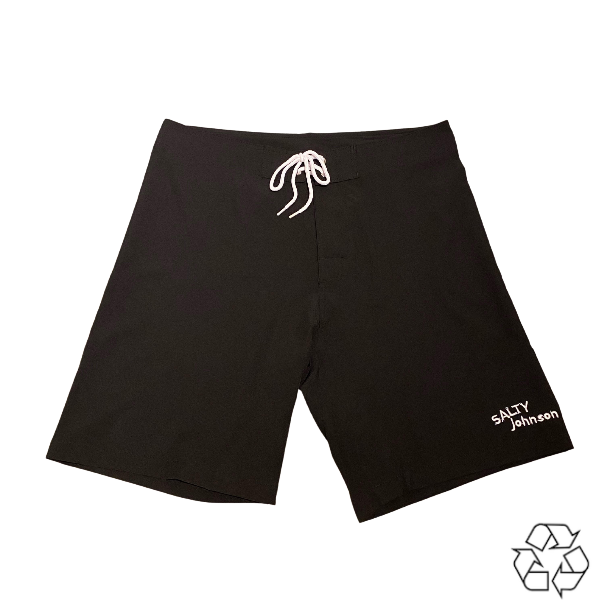 Salty Johnson black sustainable mens board shorts with white drawstring and logo on leg