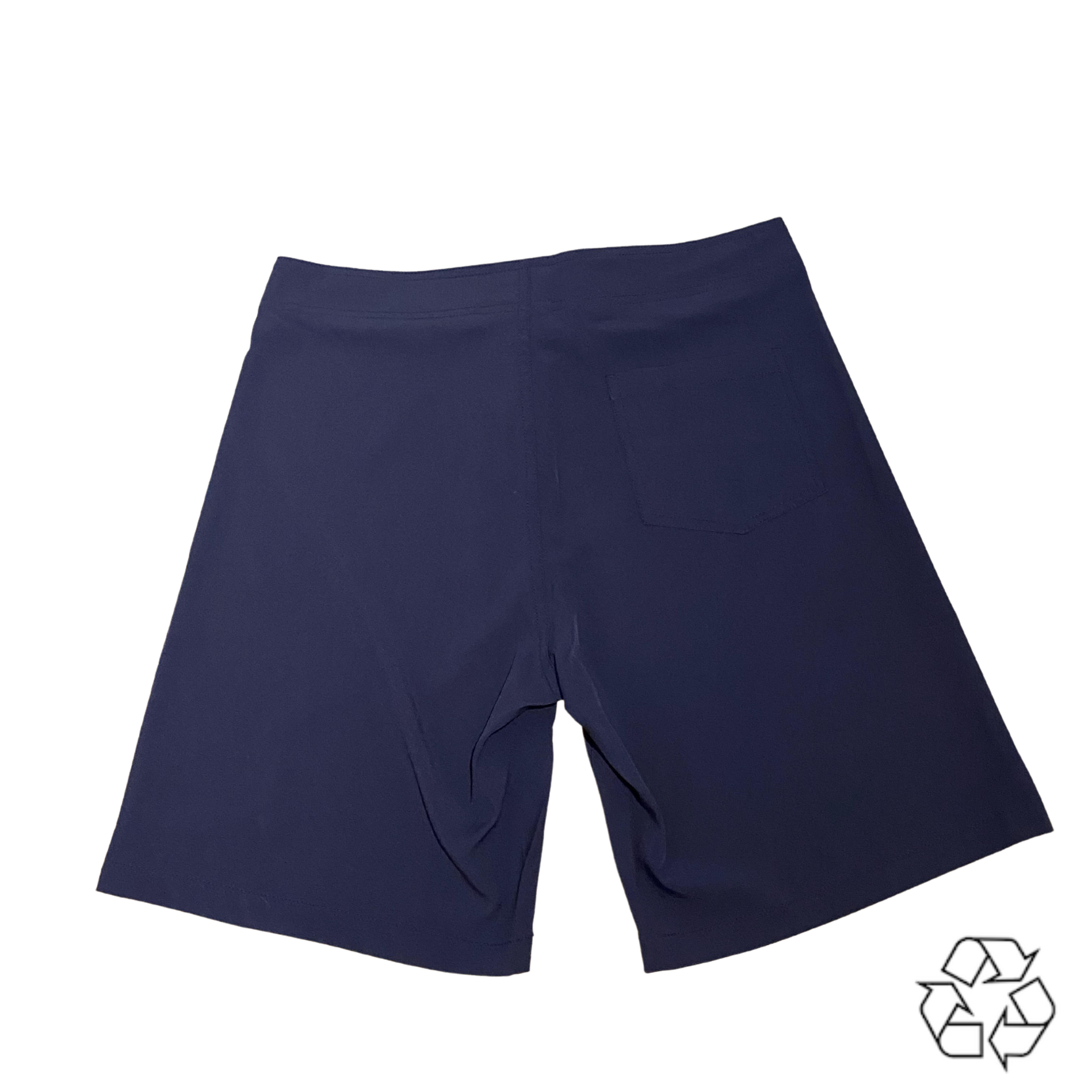 Salty Johnson sustainable mens board shorts in navy blue with back pocket made from eco-friendly fabric