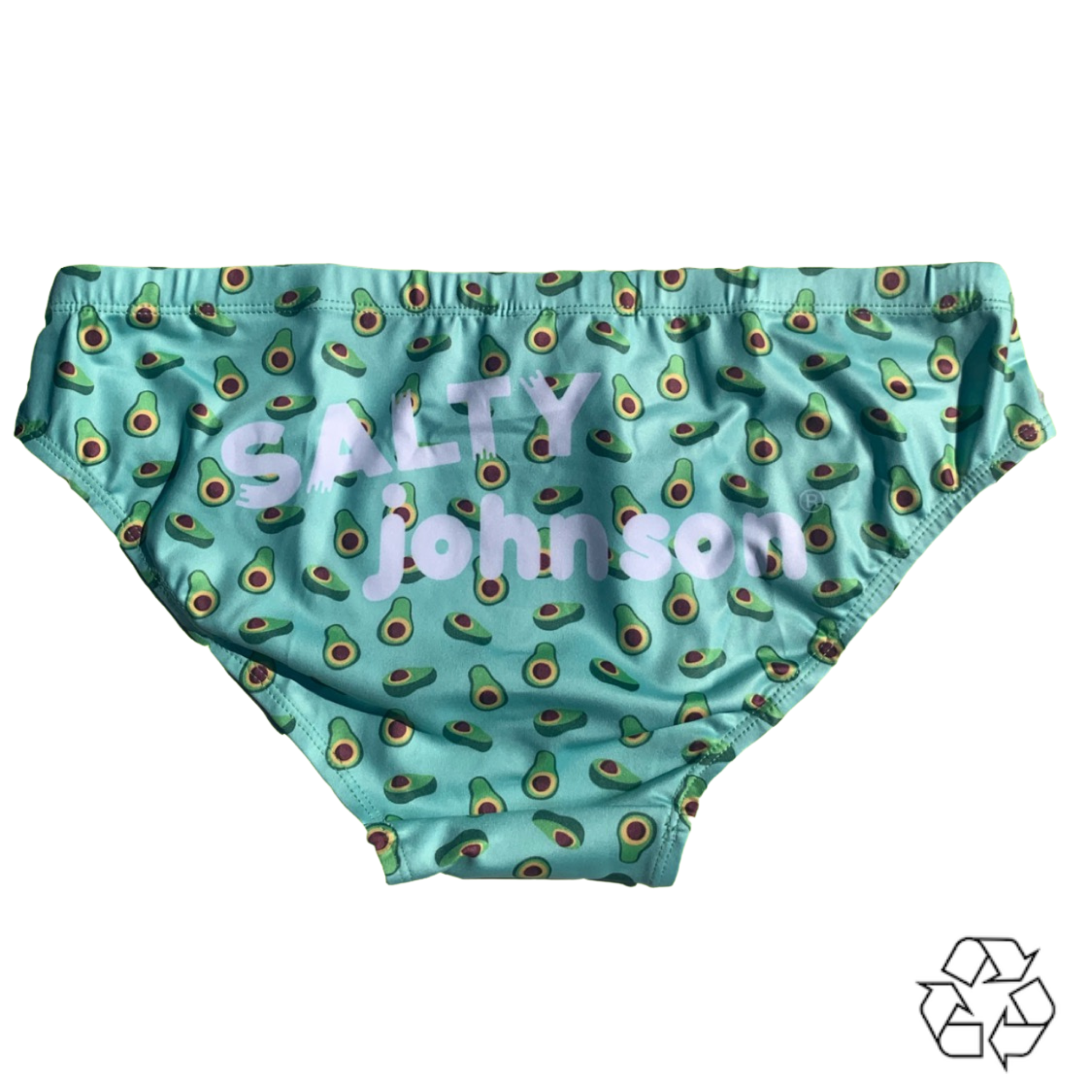 Salty Johnson AU sustainable mens swim briefs with avocado print in green and brown colors