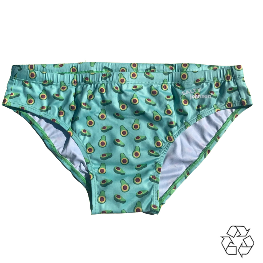 Salty Johnson AU sustainable mens swim briefs in teal with avocado print and eco-friendly fabric