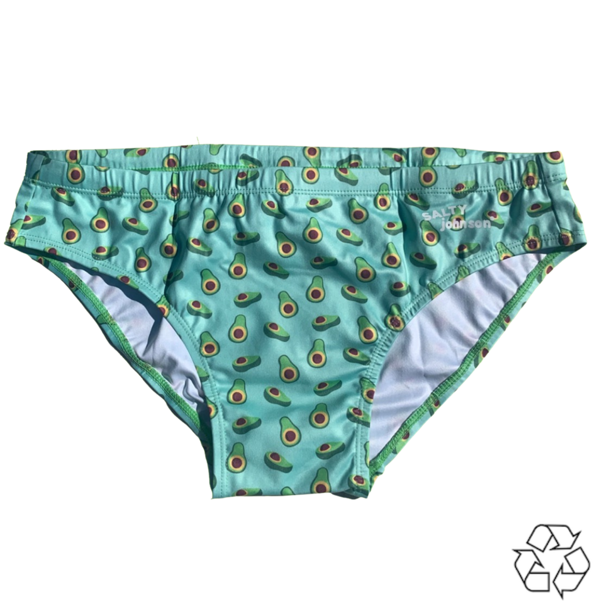 Salty Johnson AU sustainable mens swim briefs in teal with avocado print and eco-friendly fabric