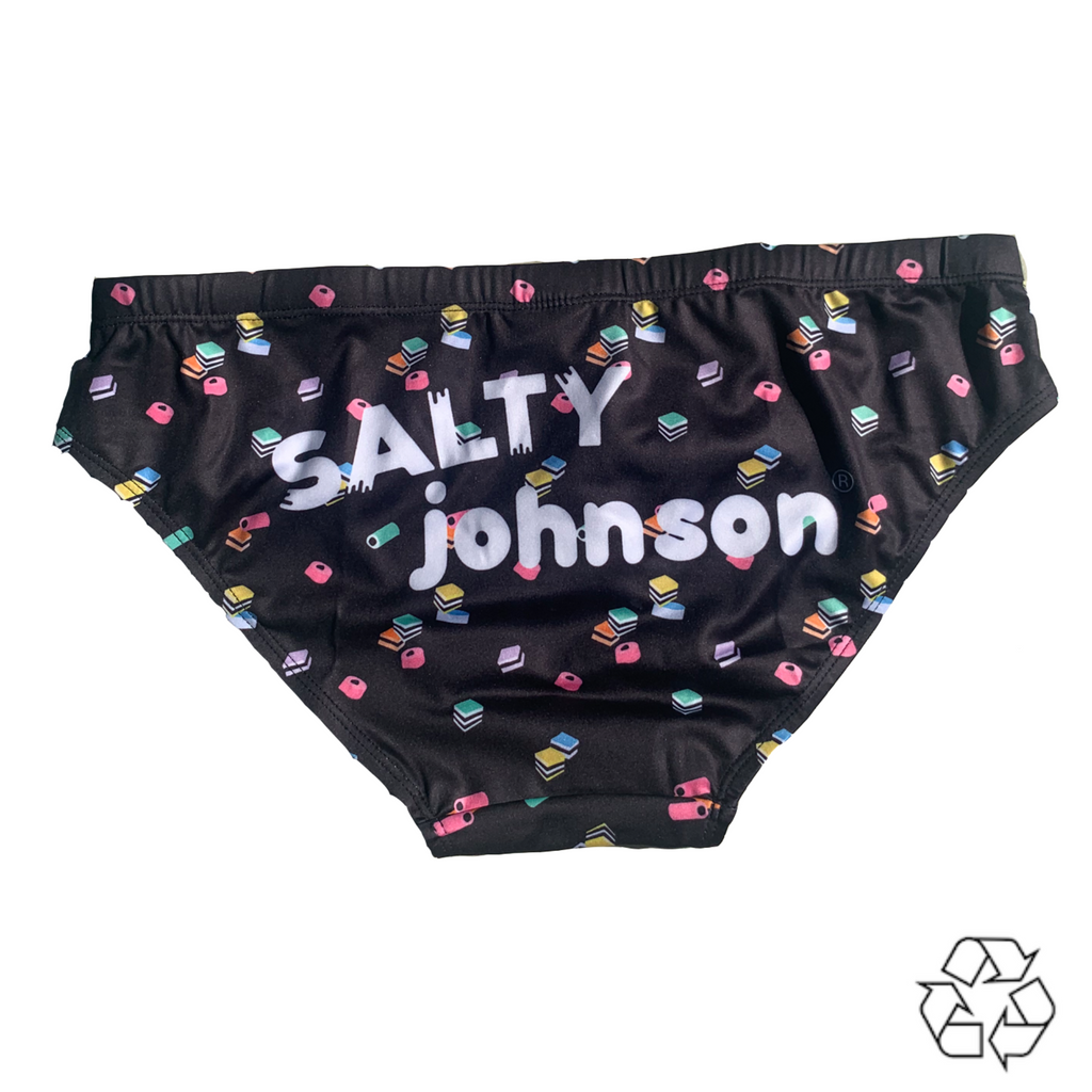 Salty Johnson AU sustainable mens swim briefs in black with colorful geometric print and brand logo