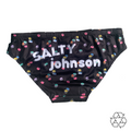 Salty Johnson AU sustainable mens swim briefs in black with colorful geometric print and brand logo