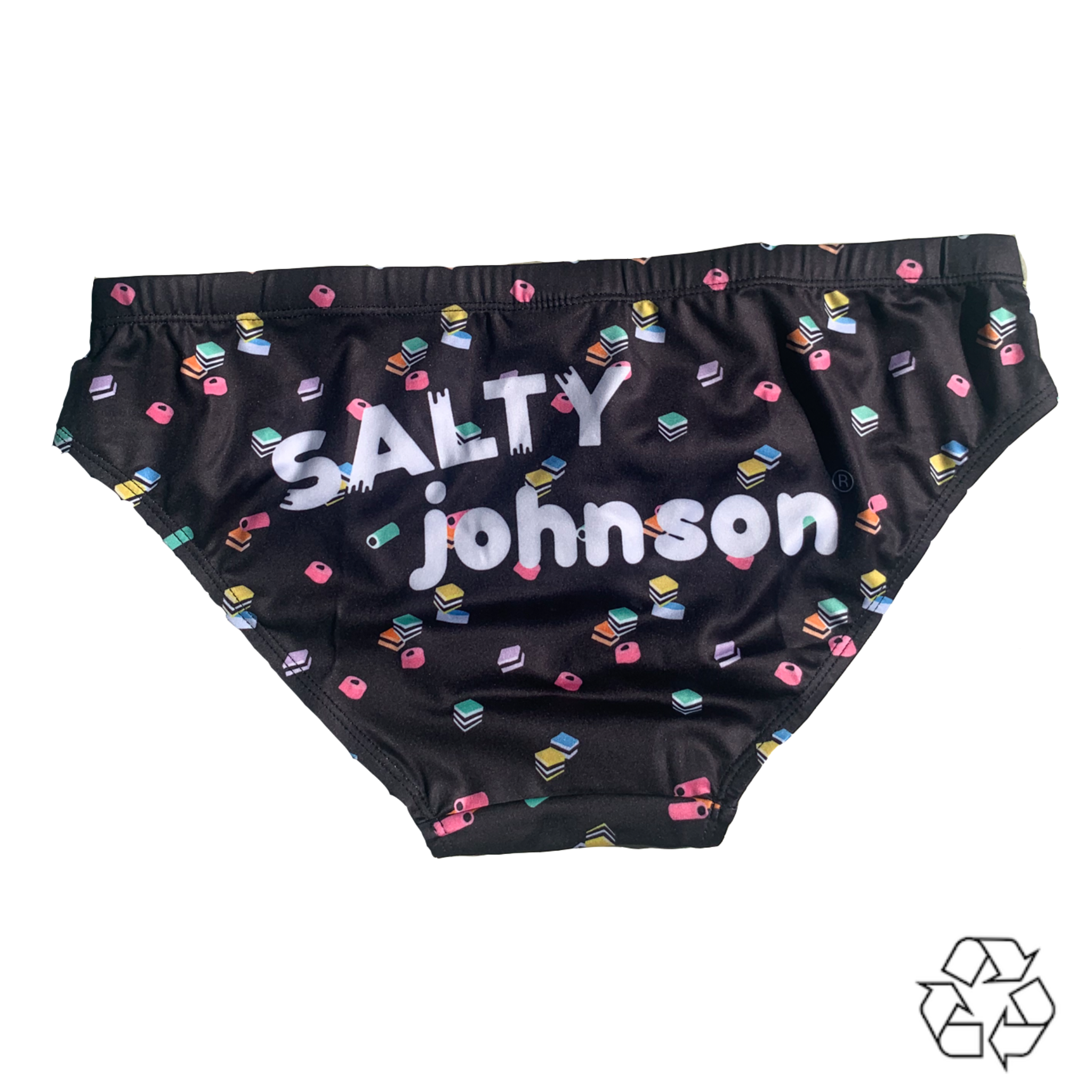 Salty Johnson AU sustainable mens swim briefs in black with colorful geometric print and brand logo