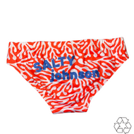 Salty Johnson AU sustainable mens swim briefs with red and white abstract pattern and blue logo print