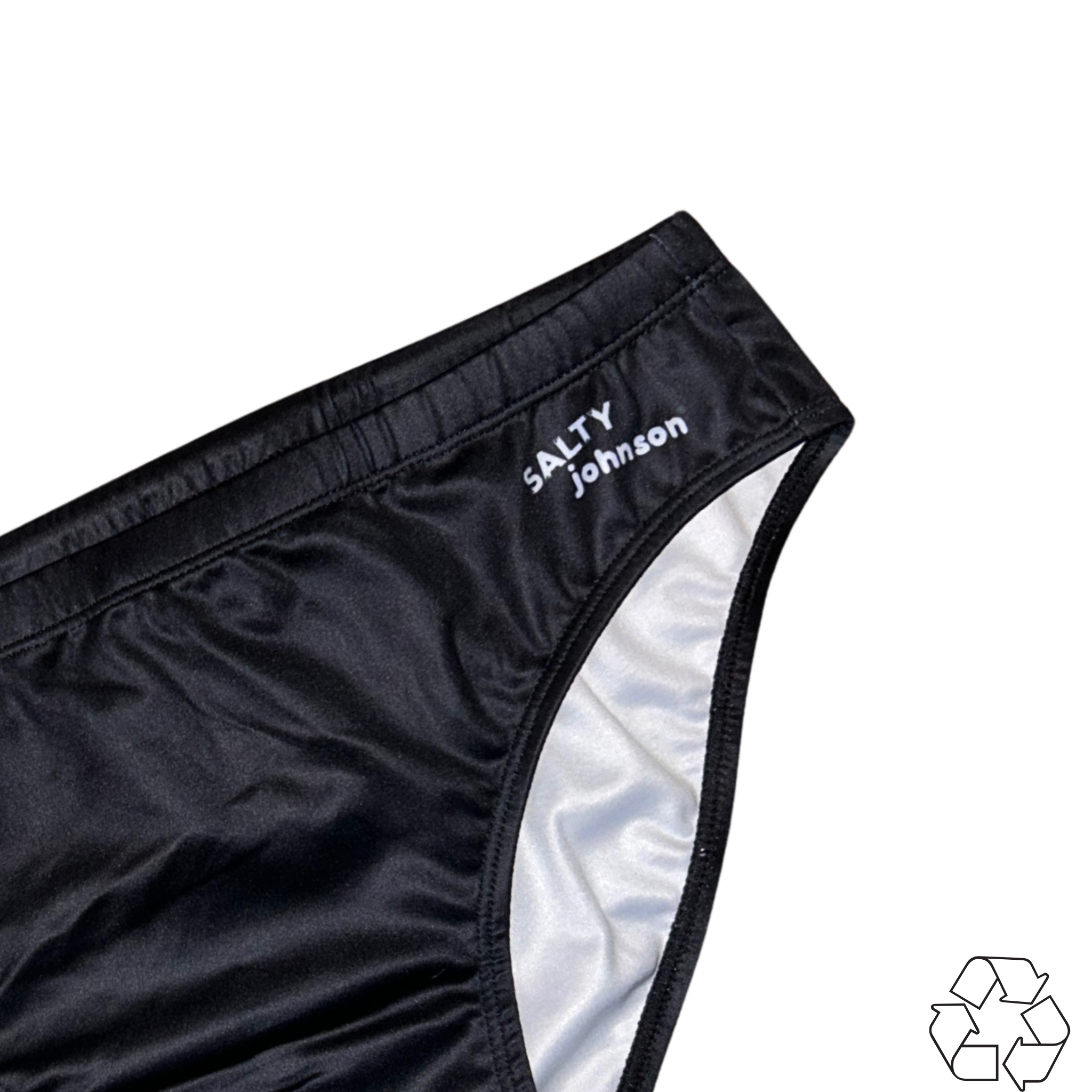 Salty Johnson sustainable mens swim briefs in black with a soft and comfortable fit