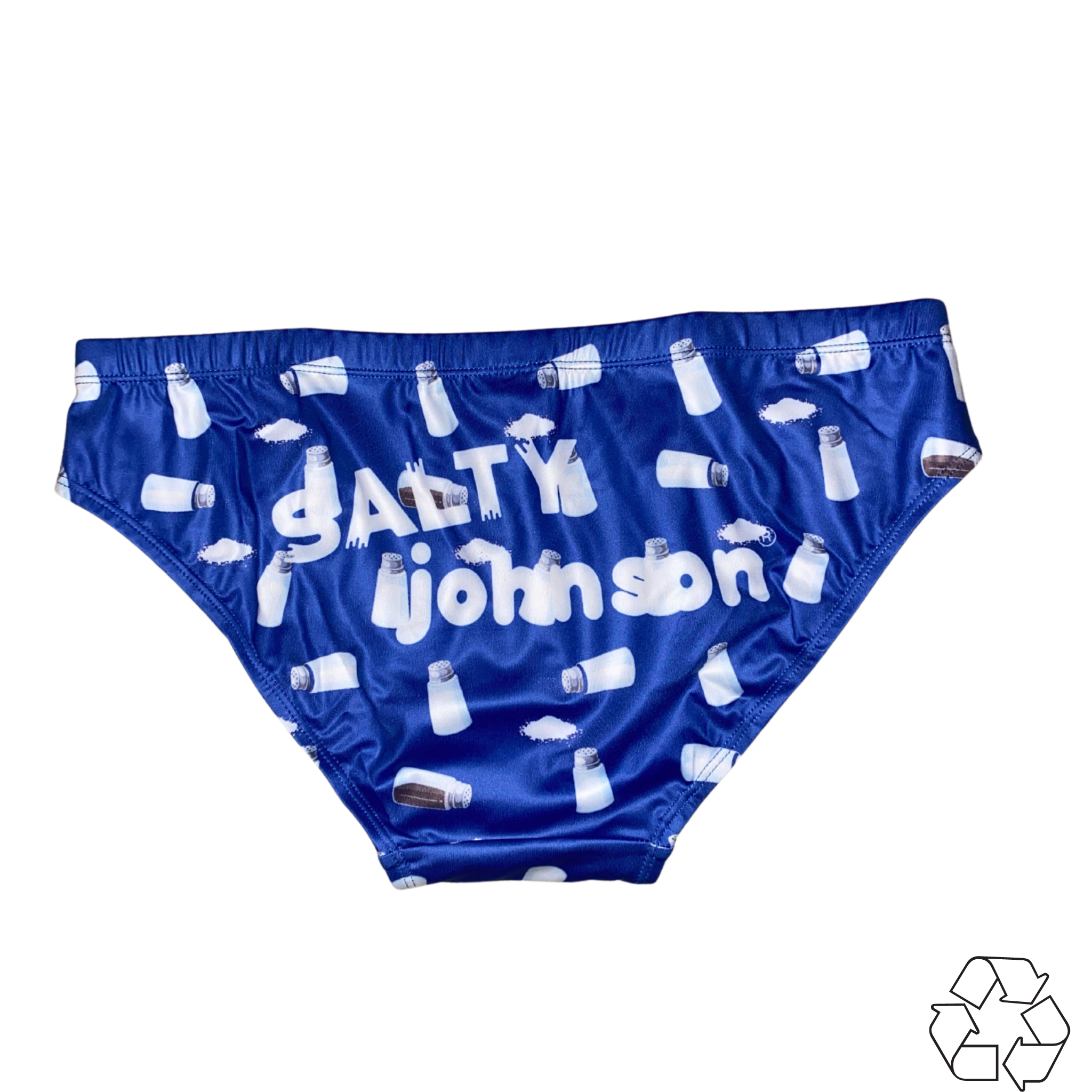Salty Johnson navy blue Sustainable Mens Swim Briefs with white salt shaker pattern