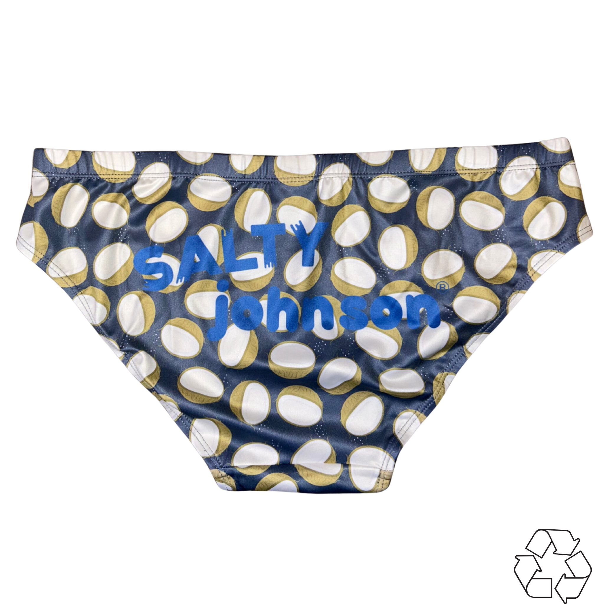 Salty Johnson AU Sustainable Mens Swim Briefs with coconut pattern in navy blue and white