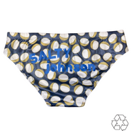 Salty Johnson AU Sustainable Mens Swim Briefs with coconut pattern in navy blue and white