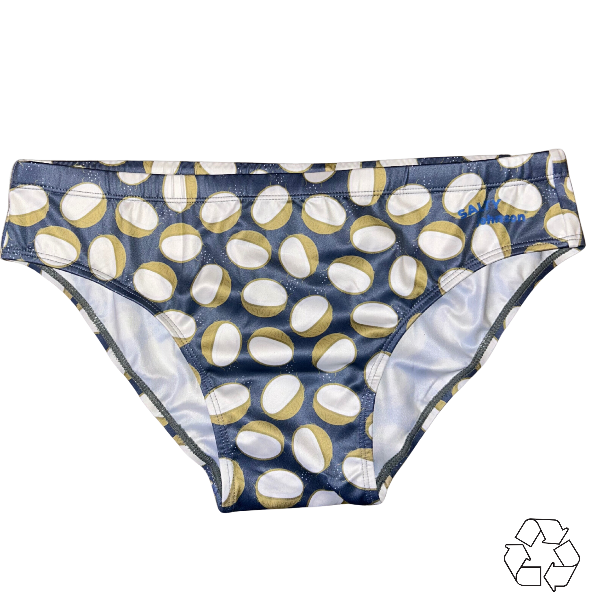 Salty Johnson AU sustainable mens swim briefs with blue and beige coconut pattern swimwear