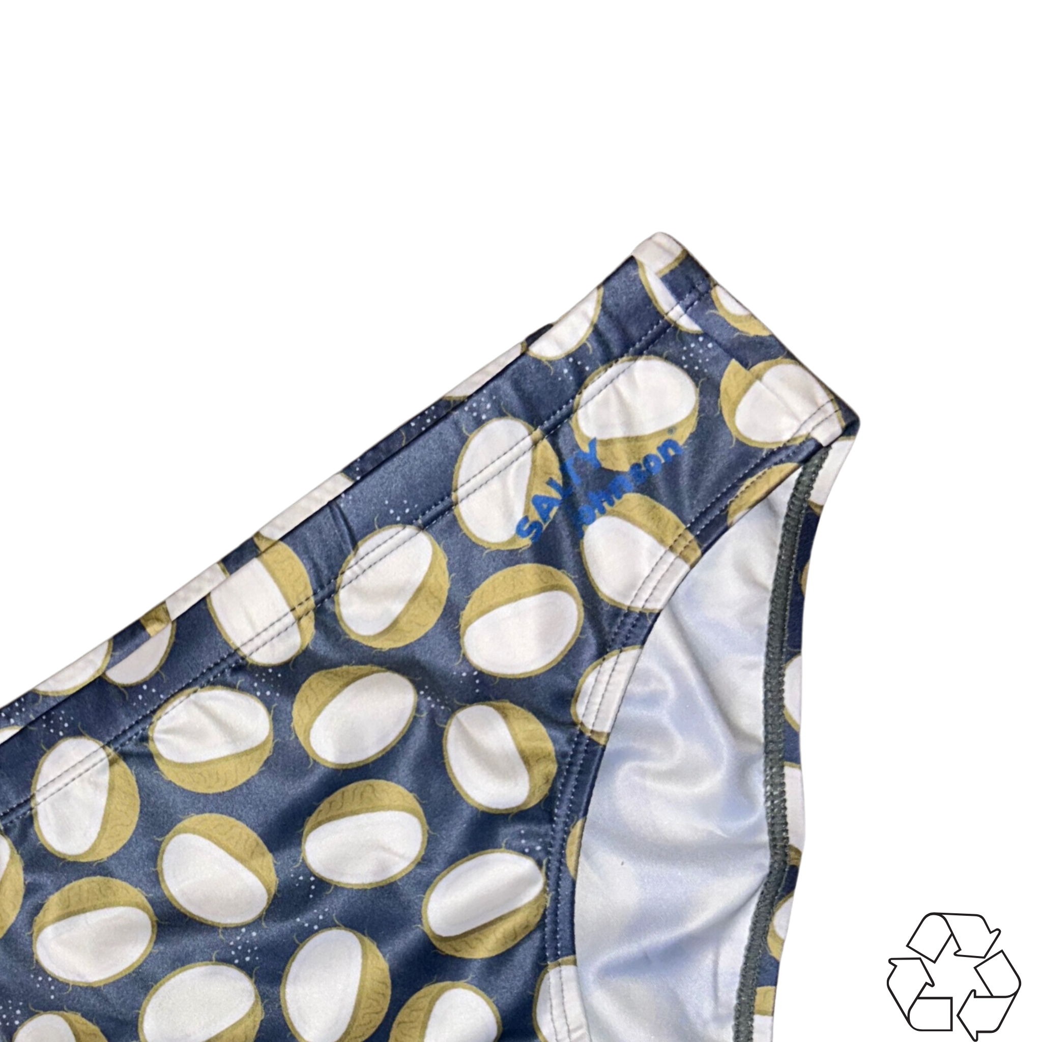 Salty Johnson AU sustainable mens swim briefs with blue and gold circular pattern fabric
