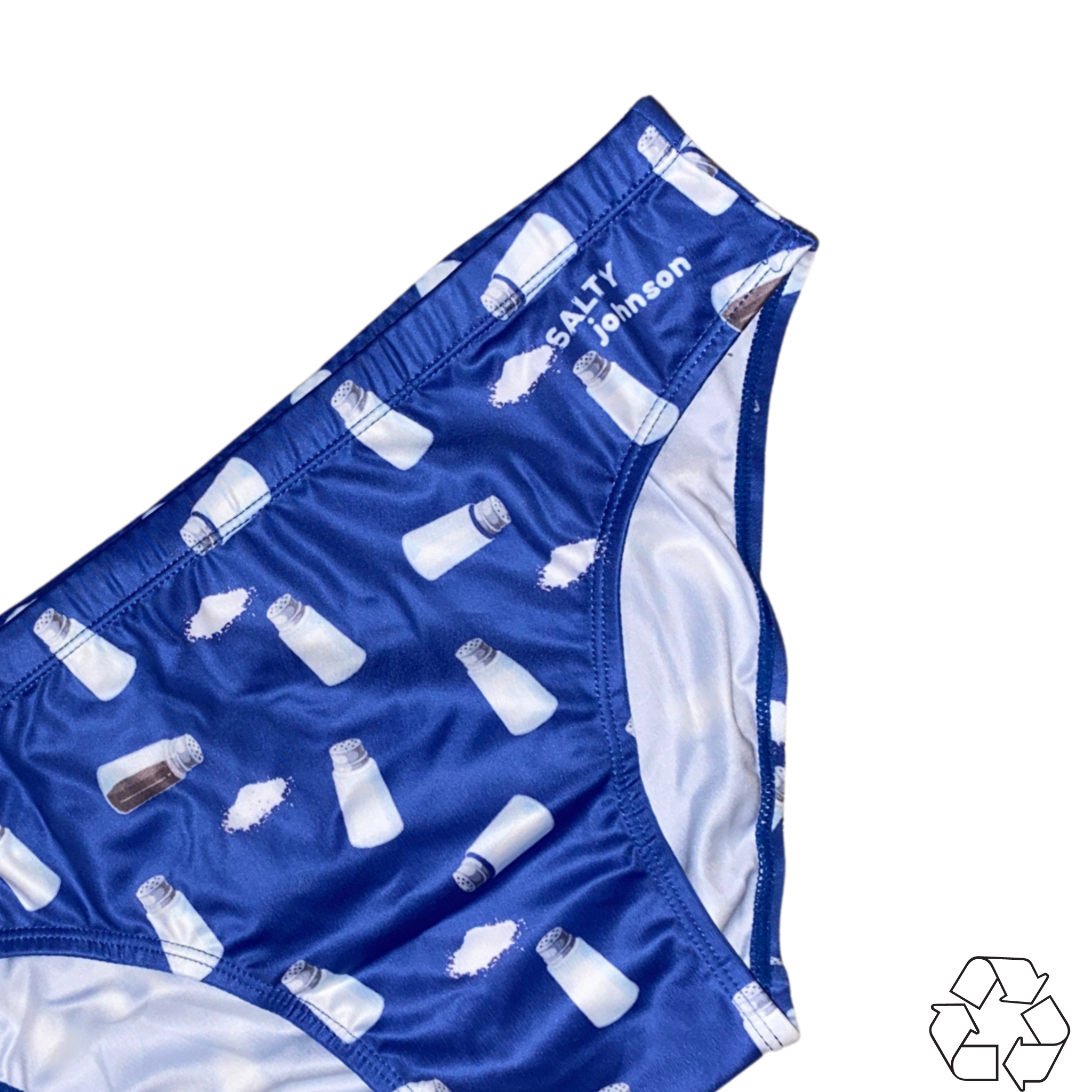 Salty Johnson blue Sustainable Mens Swim Briefs with salt shaker pattern and eco-friendly design