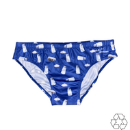 Salty Johnson blue Sustainable Mens Swim Briefs with white cup and cloud pattern