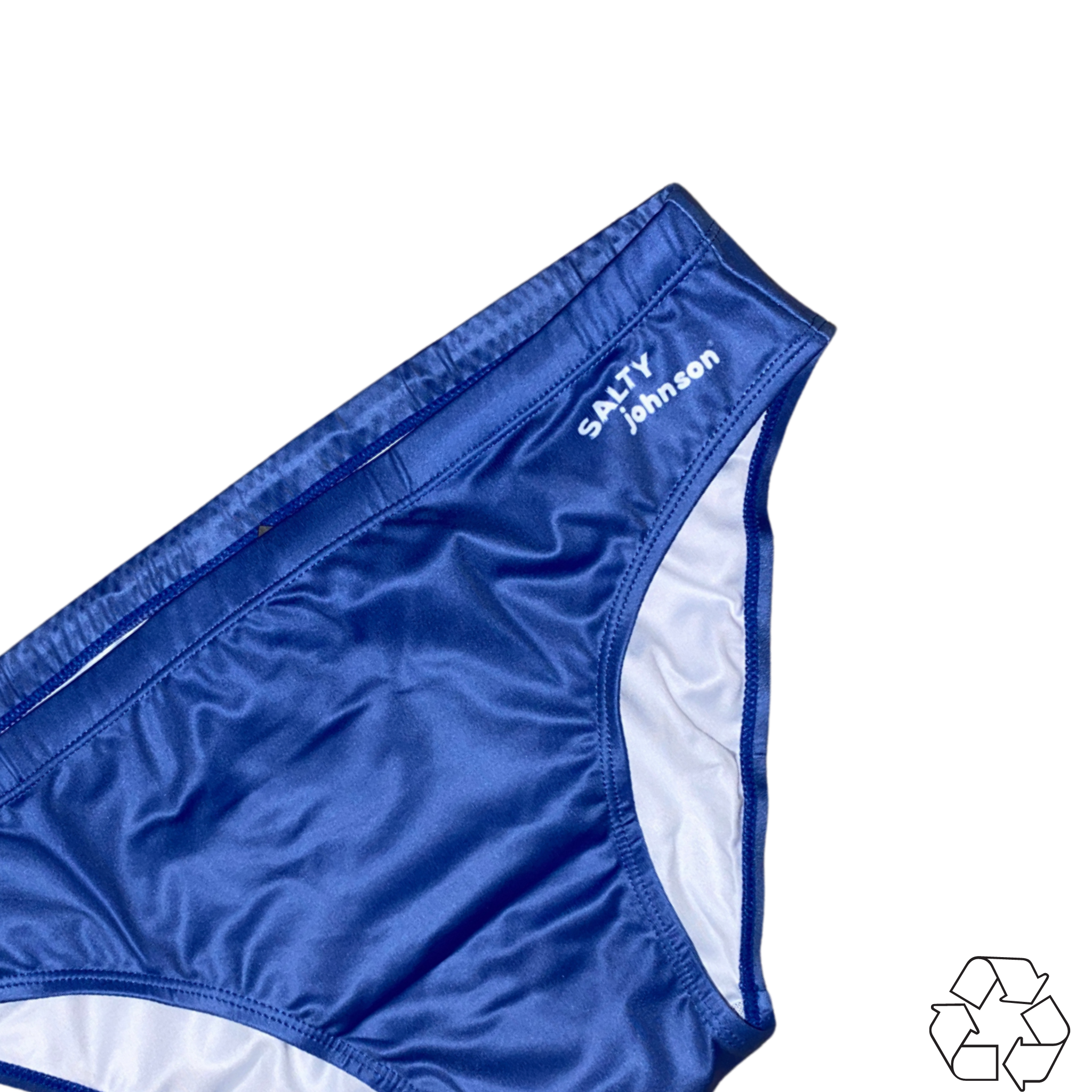 Salty Johnson sustainable mens swim briefs in blue with white lining and logo branding