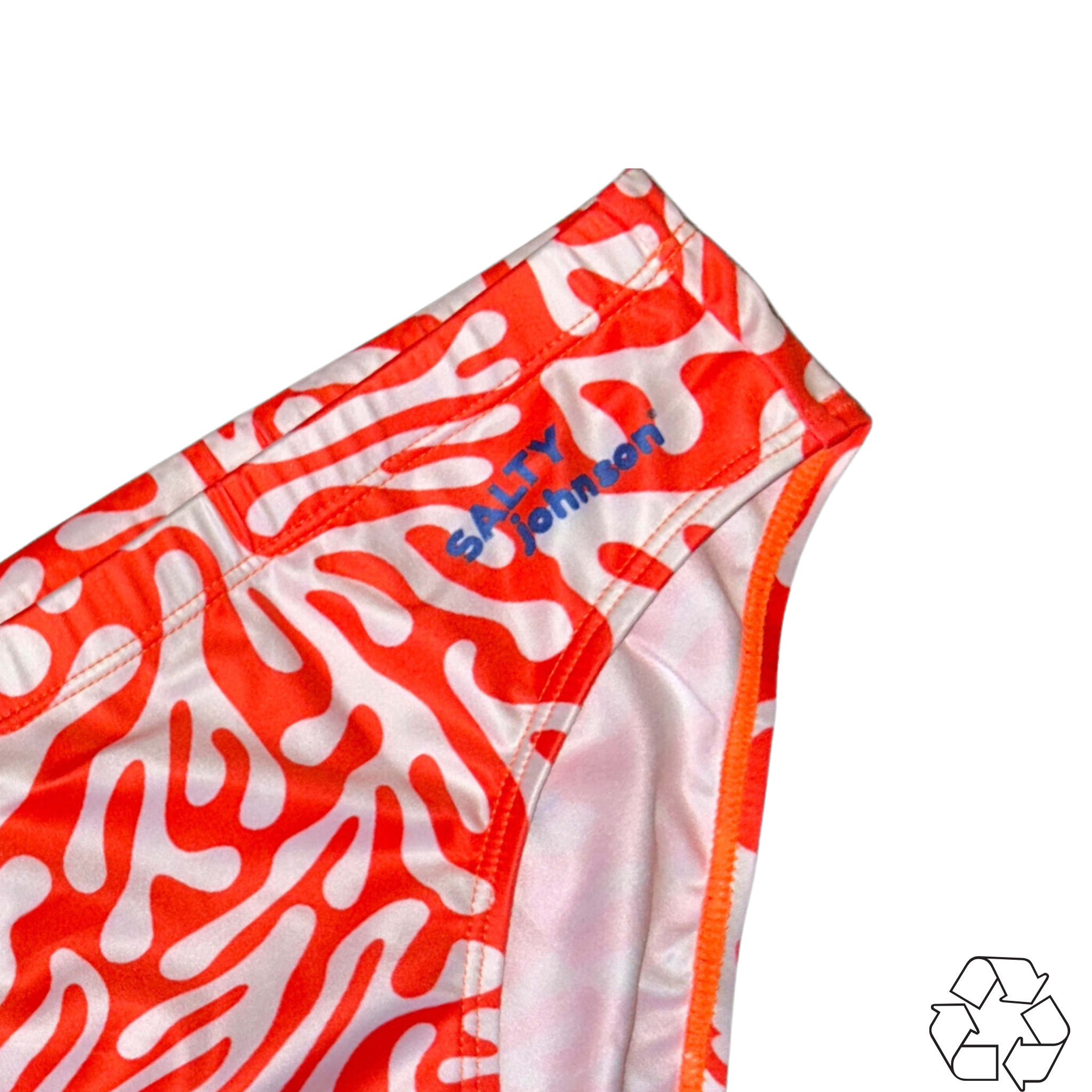 Salty Johnson AU Sustainable Mens Swim Briefs in vibrant orange and white pattern with eco-friendly design