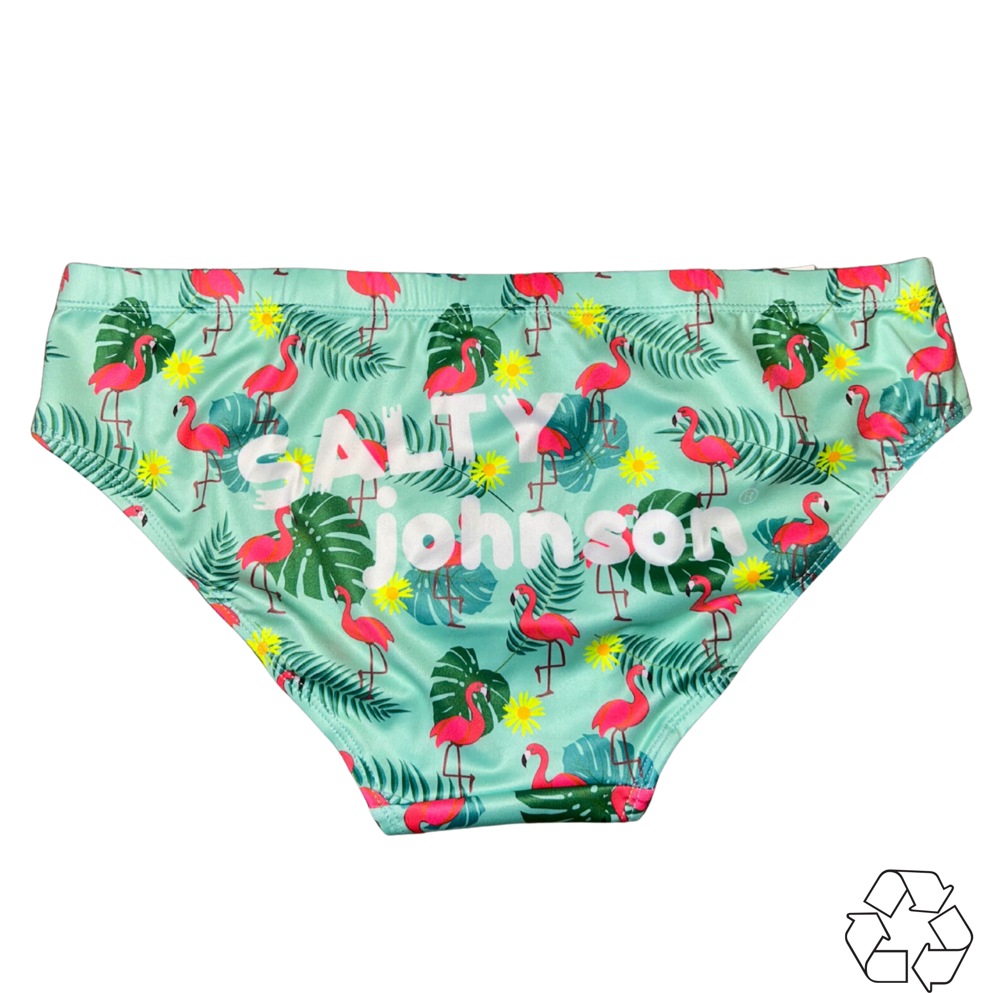 Salty Johnson AU sustainable mens swim briefs with pink flamingo and leaf pattern on light blue background