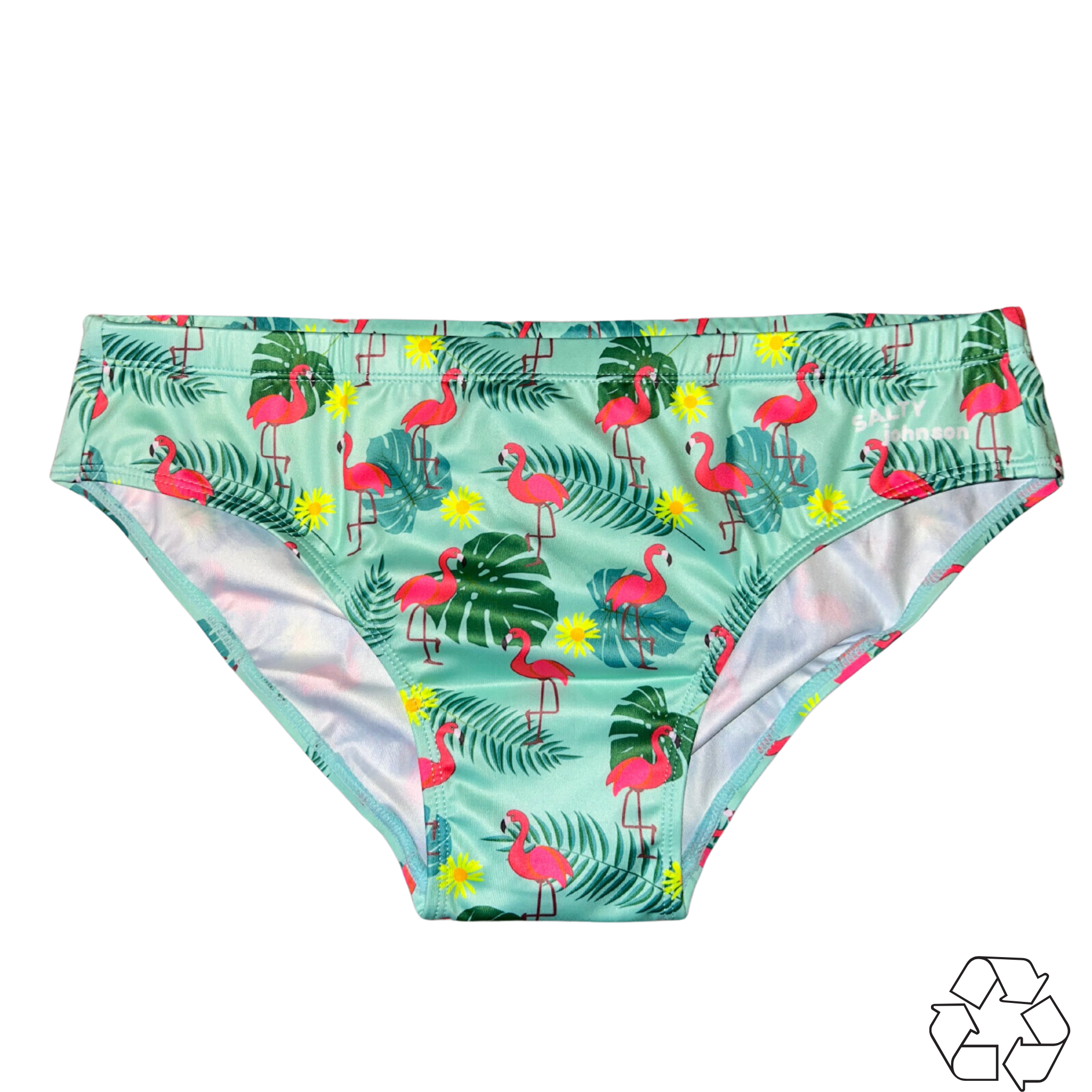 Salty Johnson AU sustainable mens swim briefs with tropical flamingo and leaf print