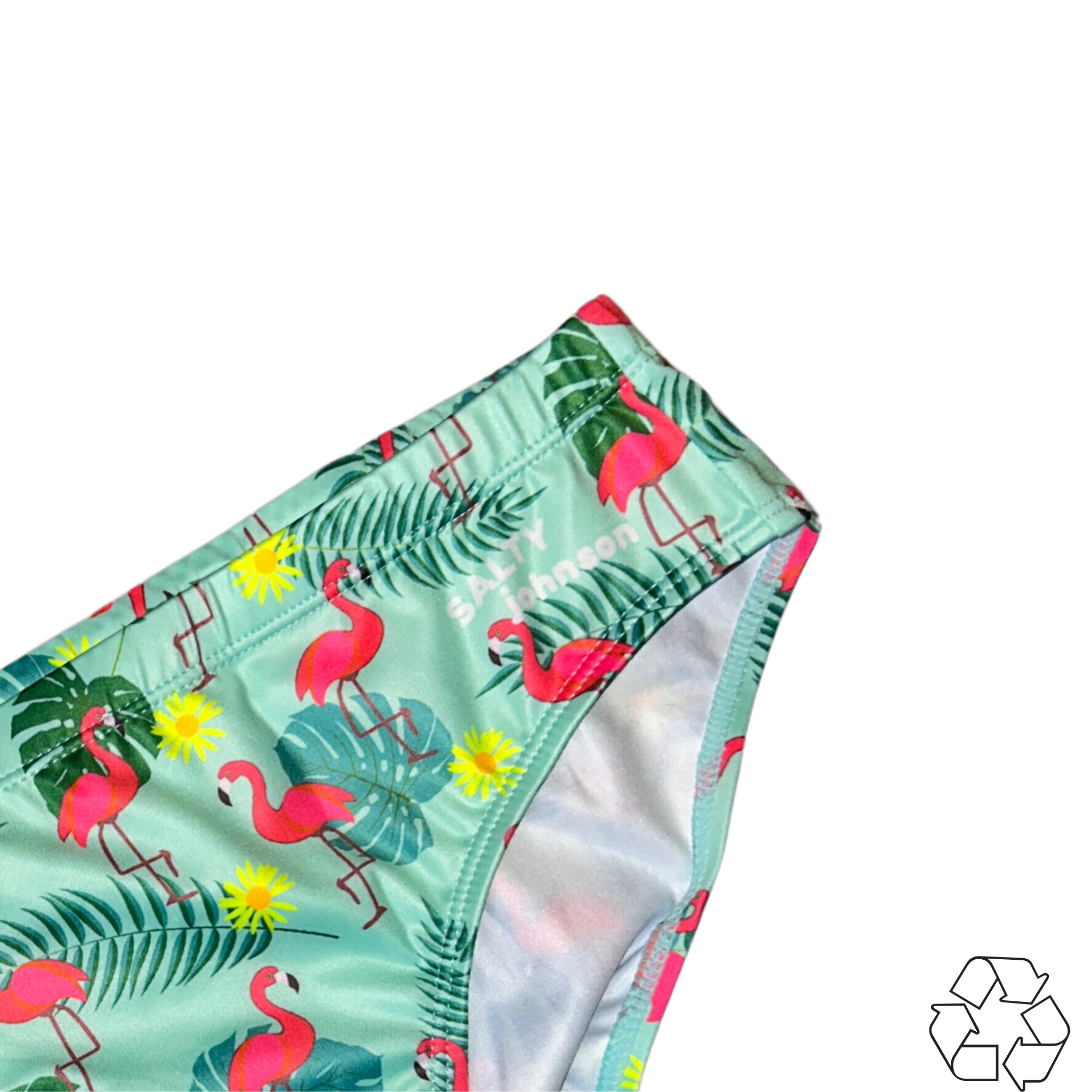 Sustainable Mens Swim Briefs by Salty Johnson AU with green flamingo and tropical leaf print