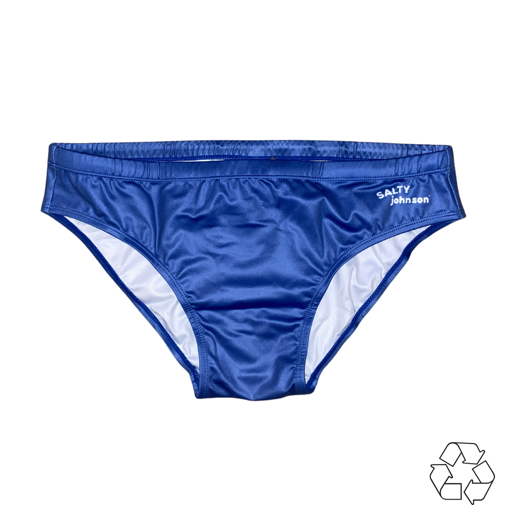 Salty Johnson blue sustainable mens swim briefs with white lining and eco-friendly design