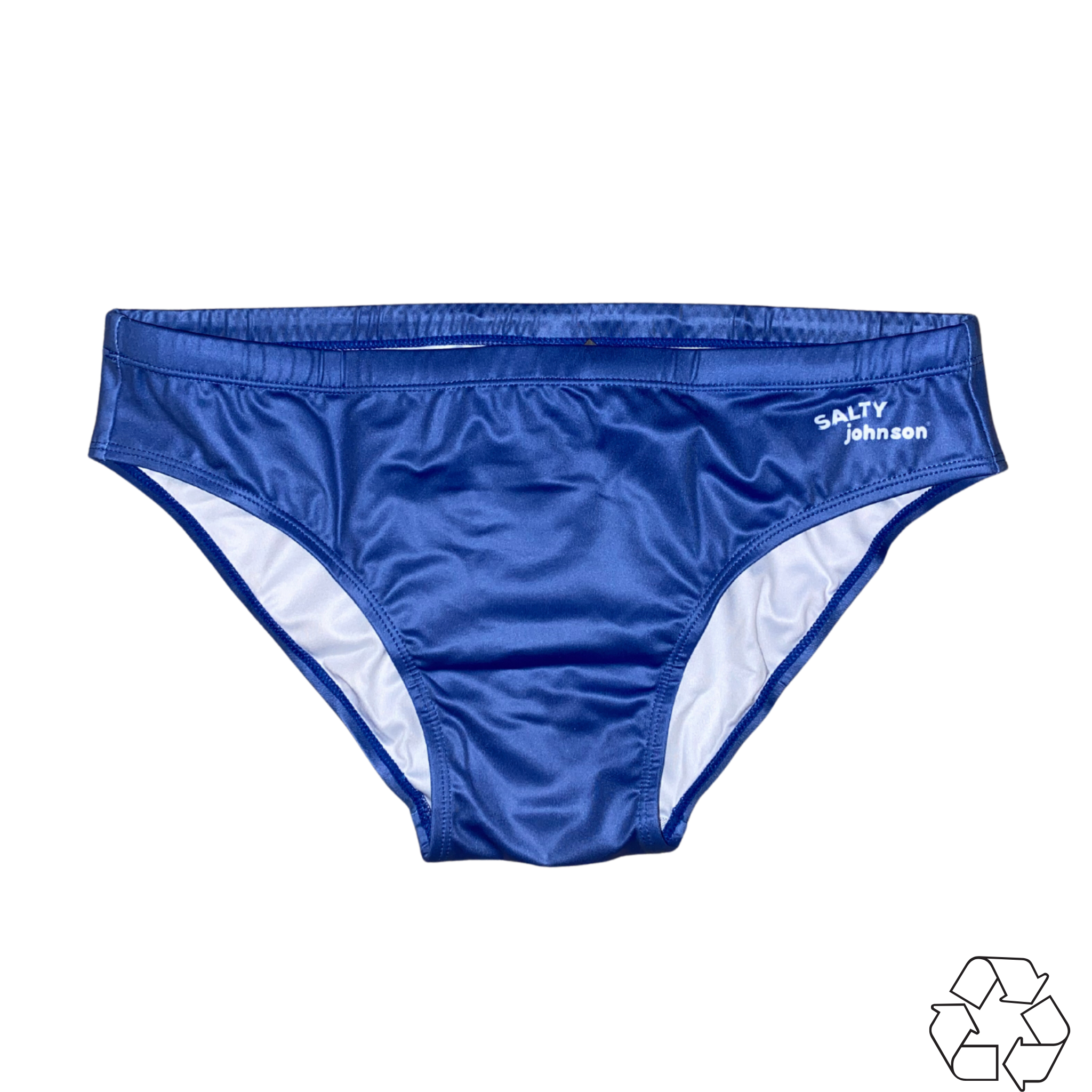 Salty Johnson blue sustainable mens swim briefs with white lining and eco-friendly design