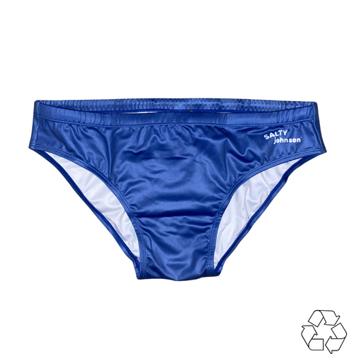 Salty Johnson blue sustainable mens swim briefs with white lining and eco-friendly design