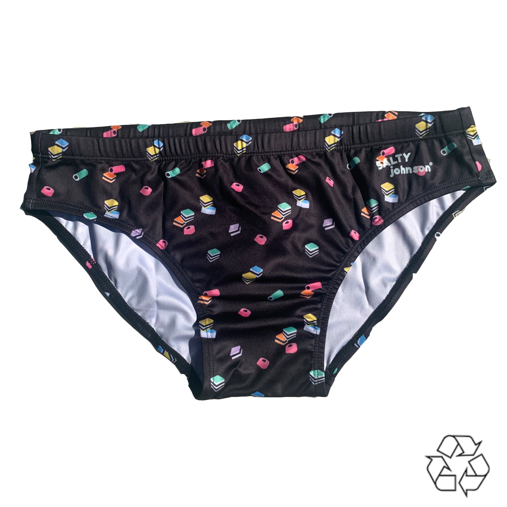 Salty Johnson AU sustainable mens swim briefs with colorful geometric print on black fabric
