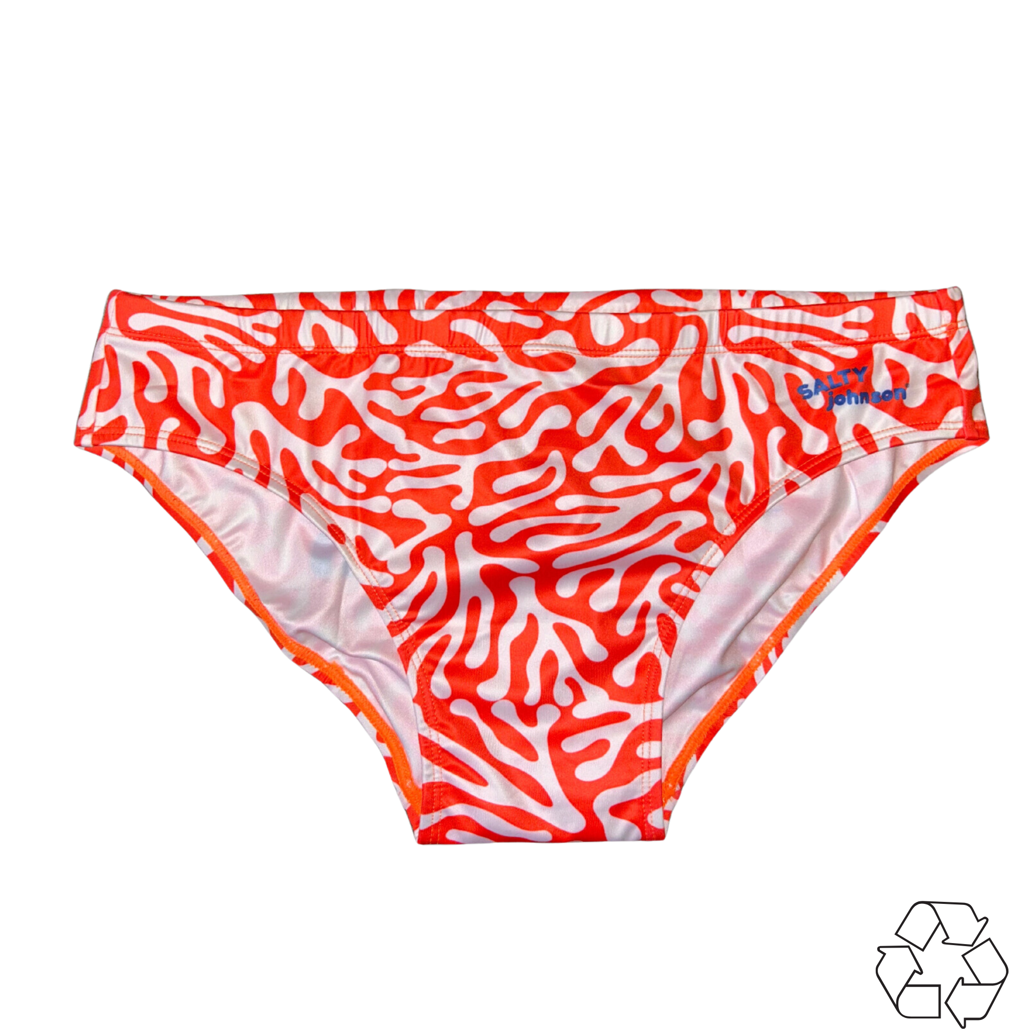 Salty Johnson AU sustainable mens swim briefs with orange and white abstract pattern and blue logo