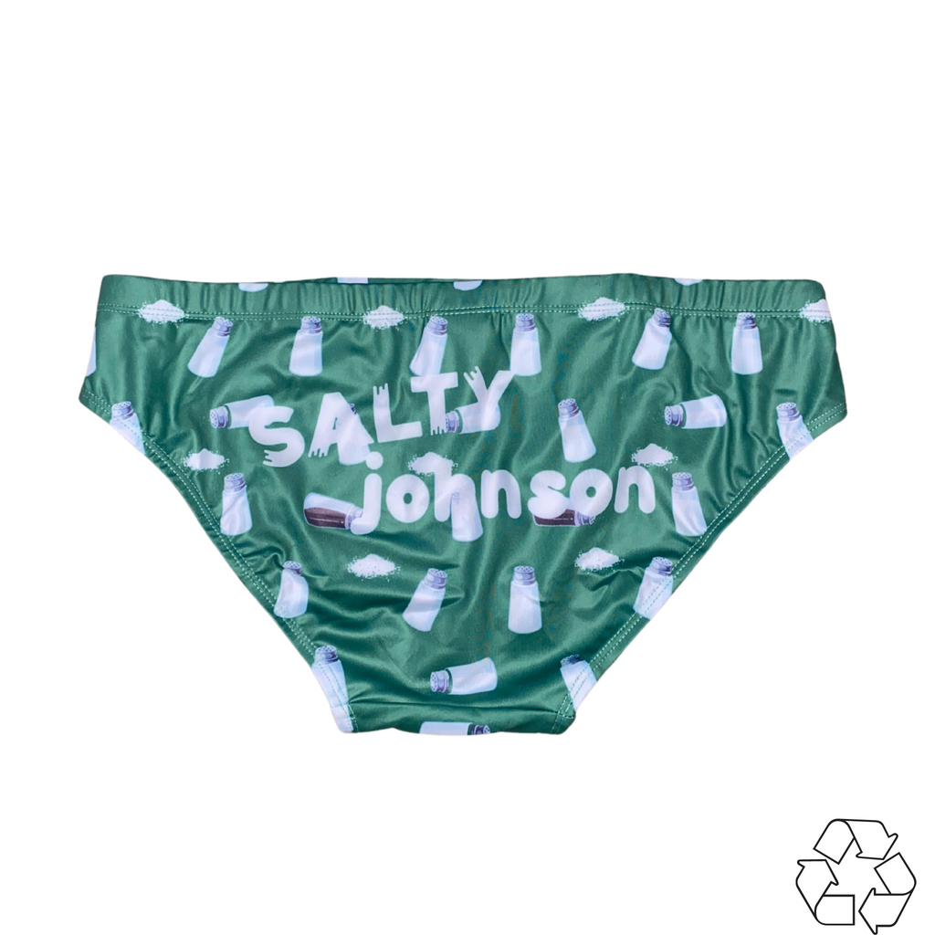 Salty Johnson sustainable mens swim briefs in green with milk bottle print and brand logo