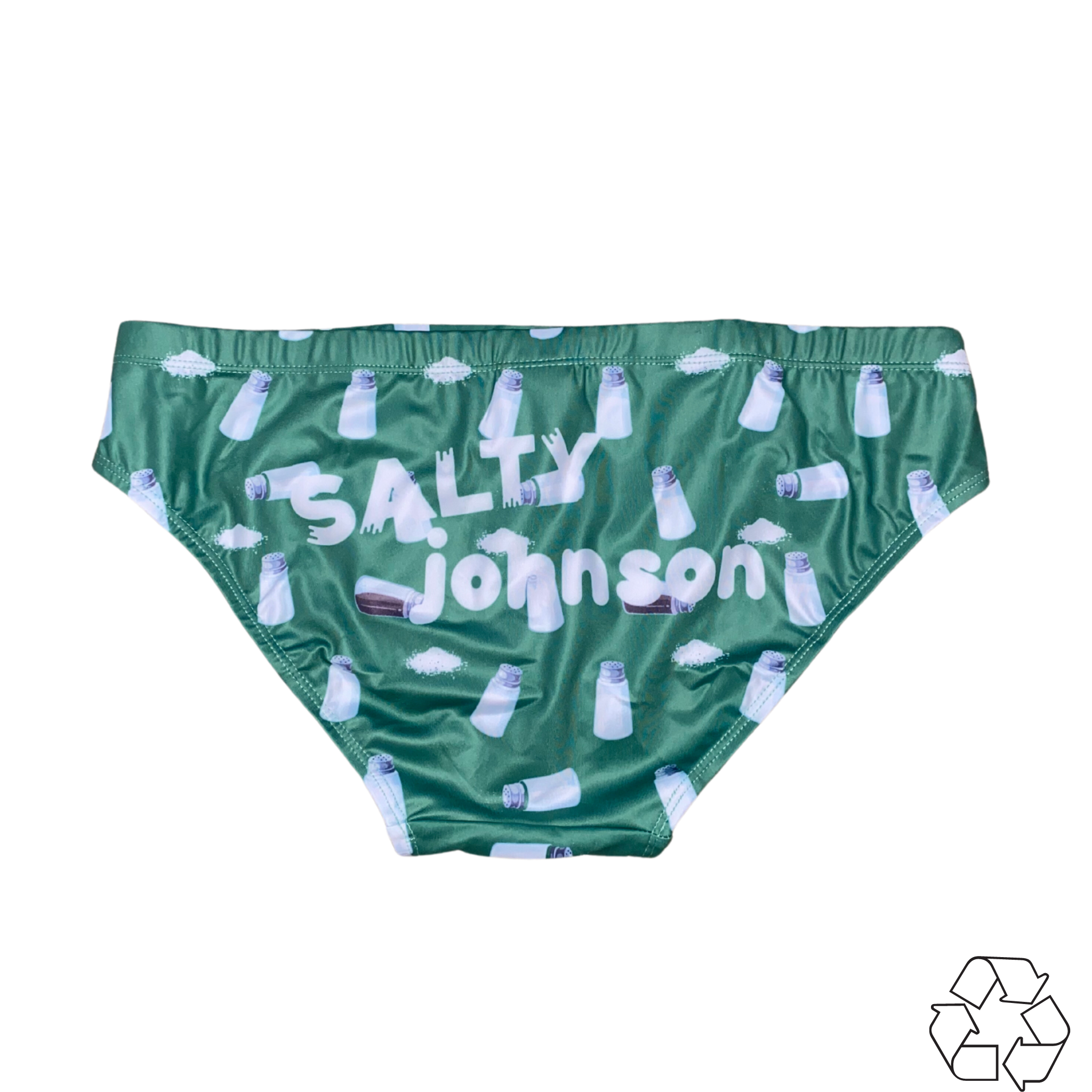 Salty Johnson sustainable mens swim briefs in green with milk bottle print and brand logo