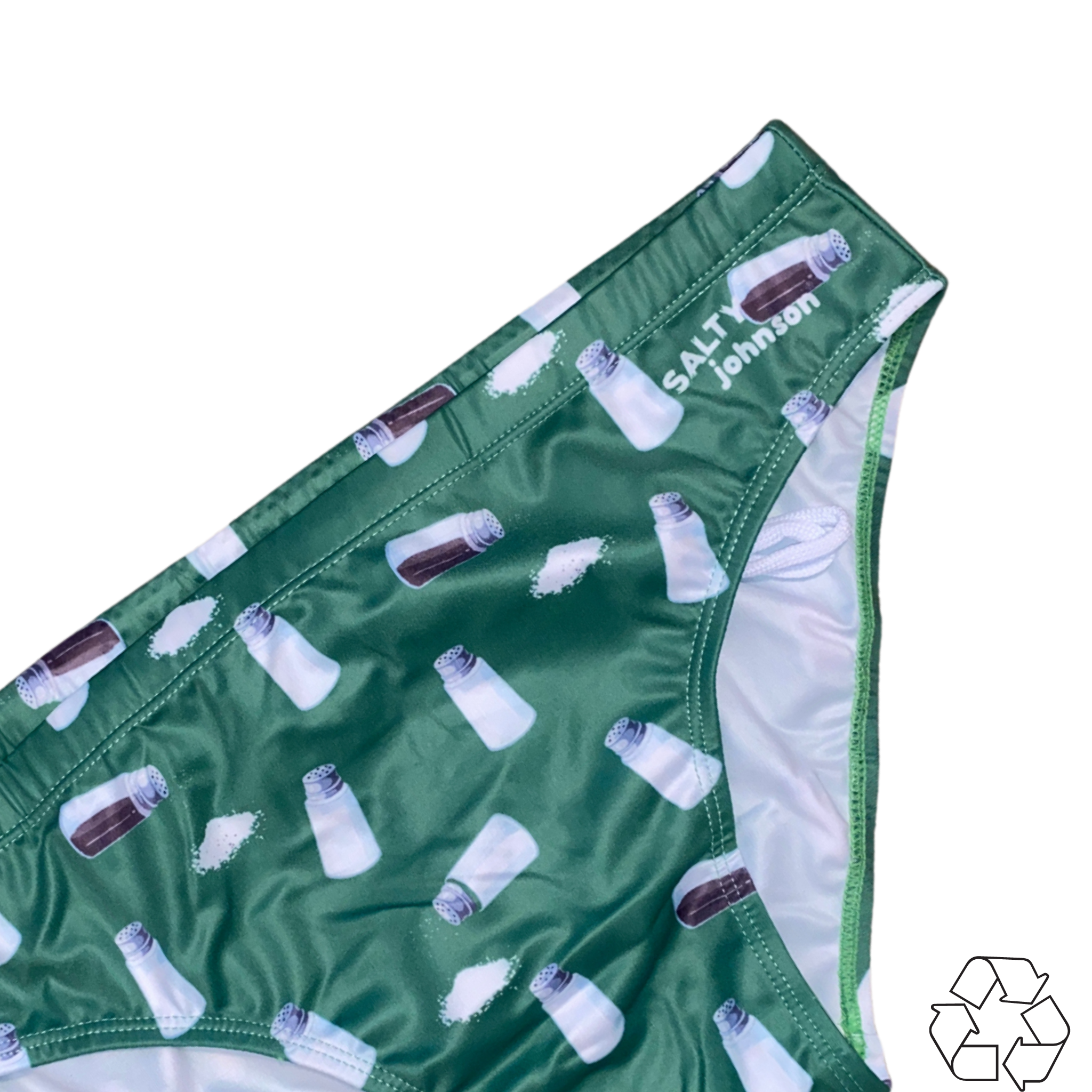 Salty Johnson sustainable mens swim briefs in green with salt shaker pattern eco-friendly swimwear