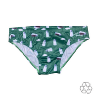 Salty Johnson sustainable mens swim briefs in green with white bottle print and eco-friendly design