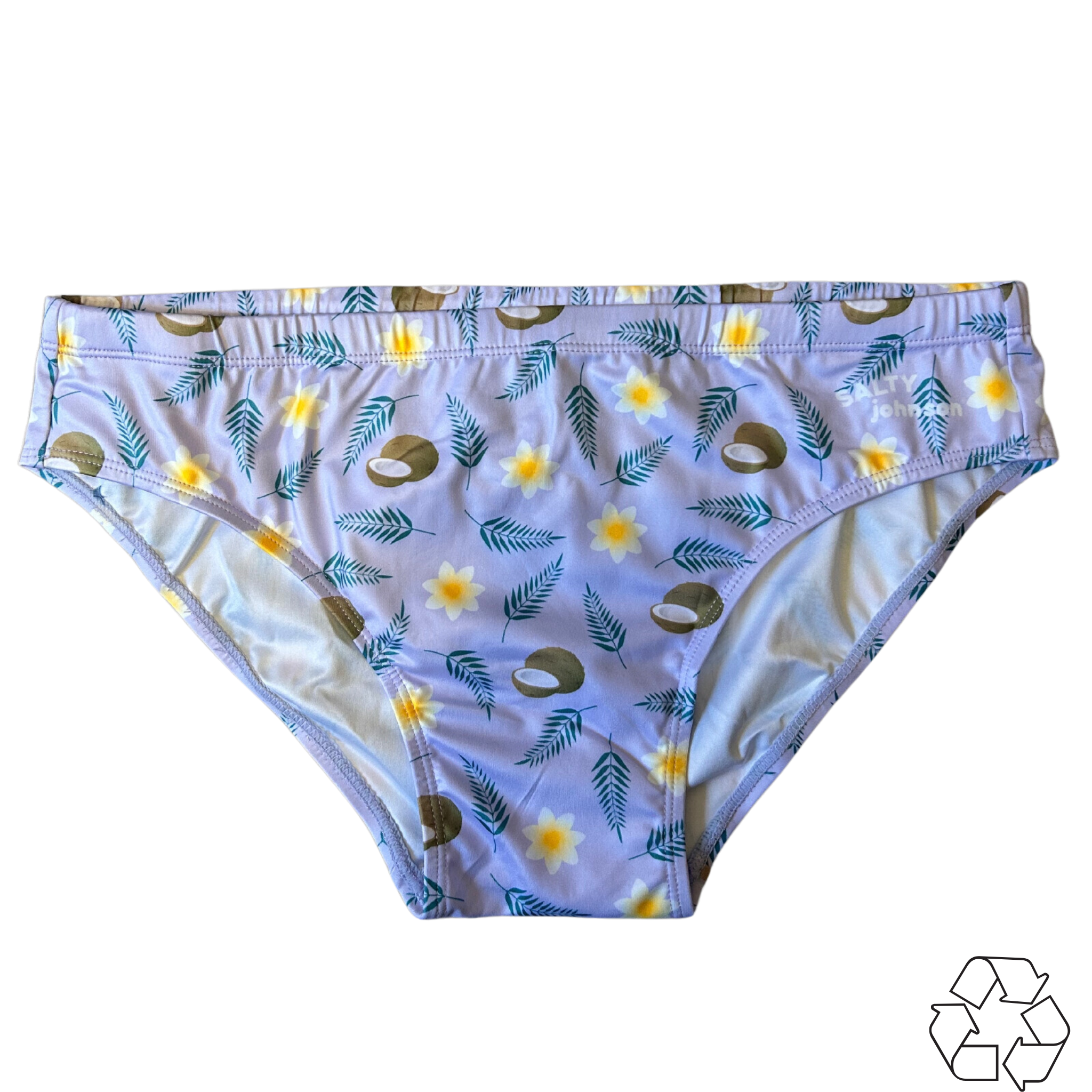 Salty Johnson AU sustainable mens swim briefs with purple floral and coconut print design
