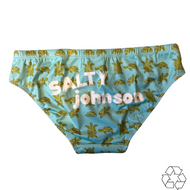 Salty Johnson AU Sustainable Mens Swim Briefs in blue with turtle pattern and logo print