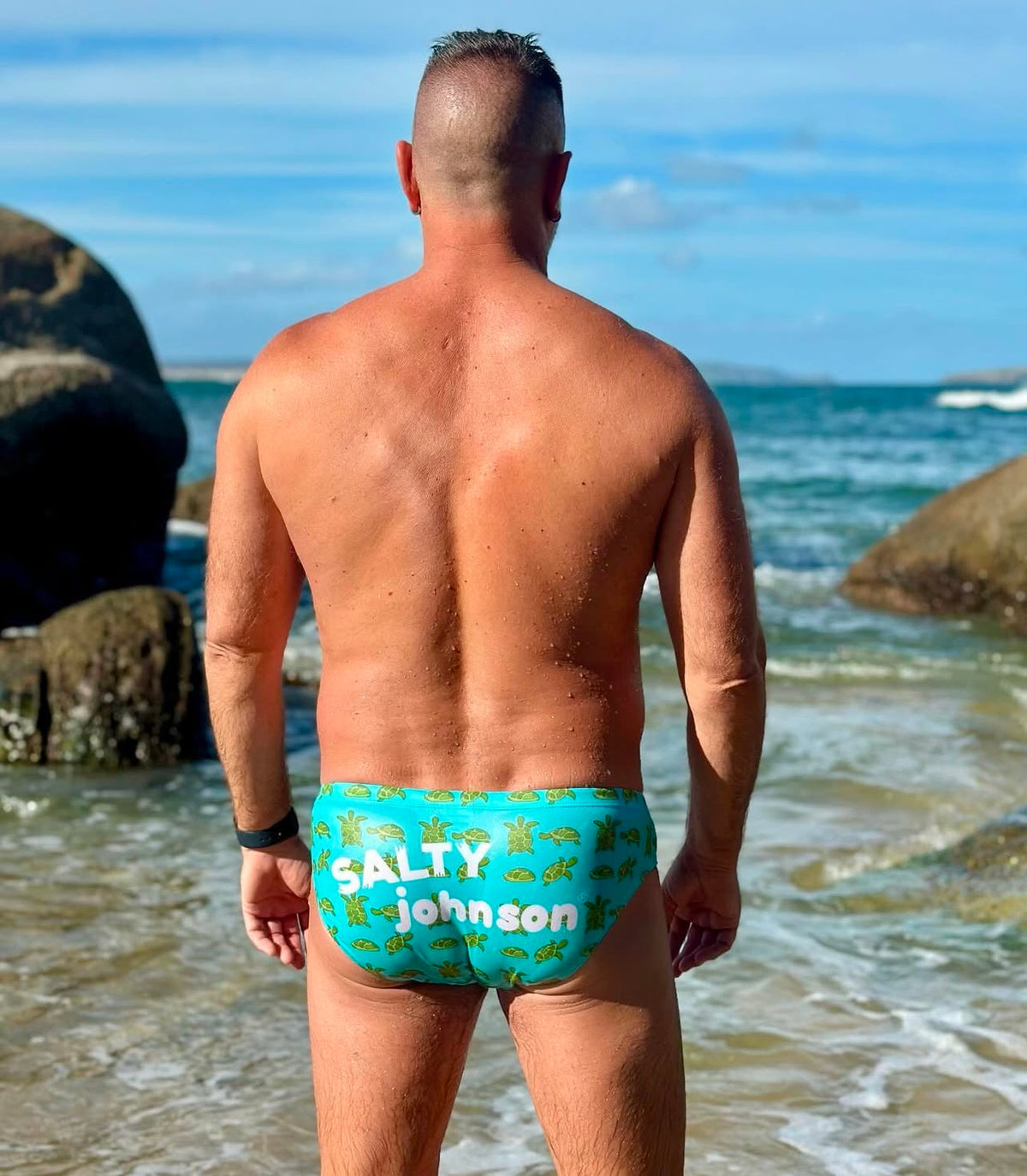 Turtles swim briefs with drawstring waist, sustainable mens swimwear, Salty Johnson