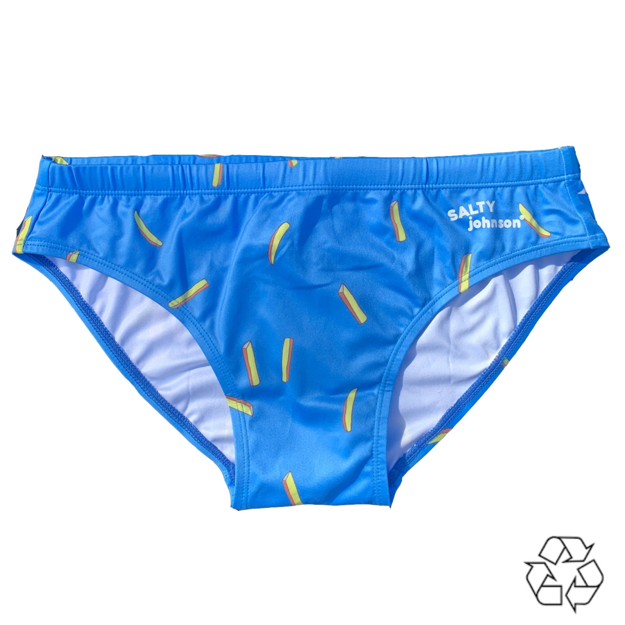 Salty Johnson AU blue swim briefs with fun fries print for sustainable mens swim briefs