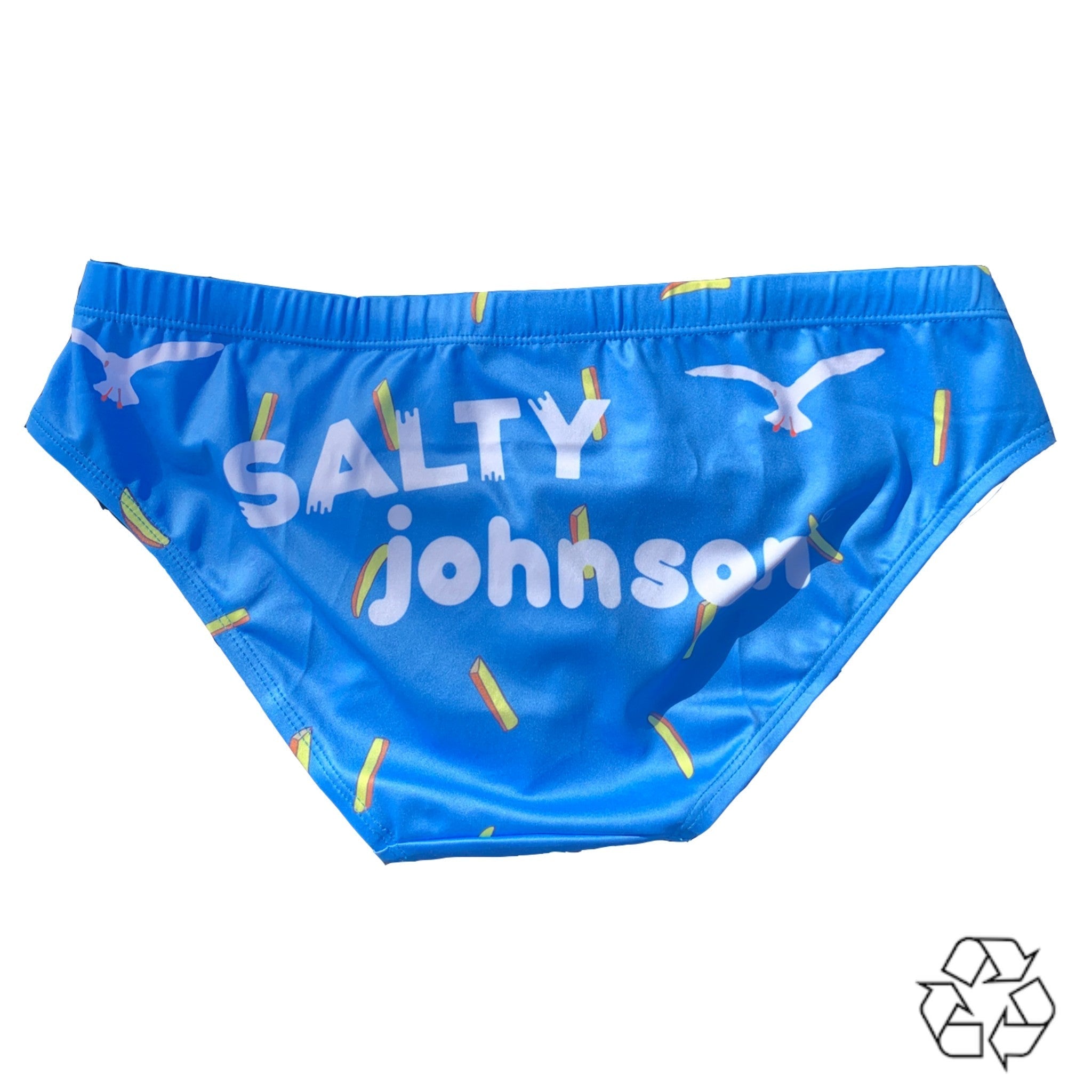 Salty Johnson AU sustainable mens swim briefs in blue with colorful print for eco-friendly swimming