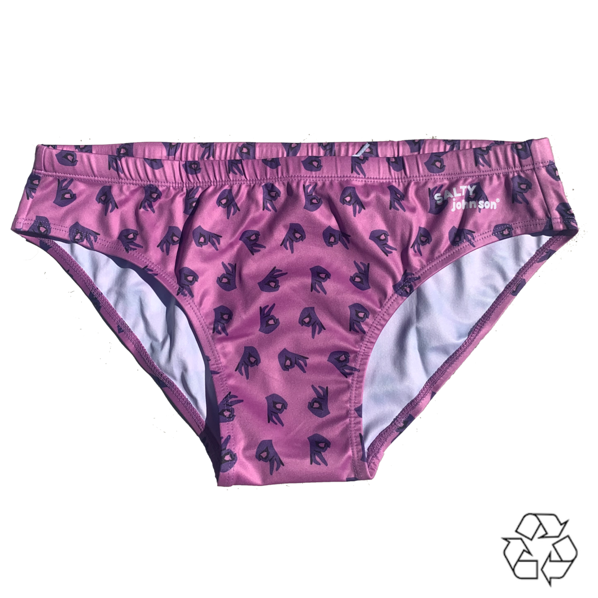 Salty Johnson AU sustainable mens swim briefs in purple with black abstract pattern