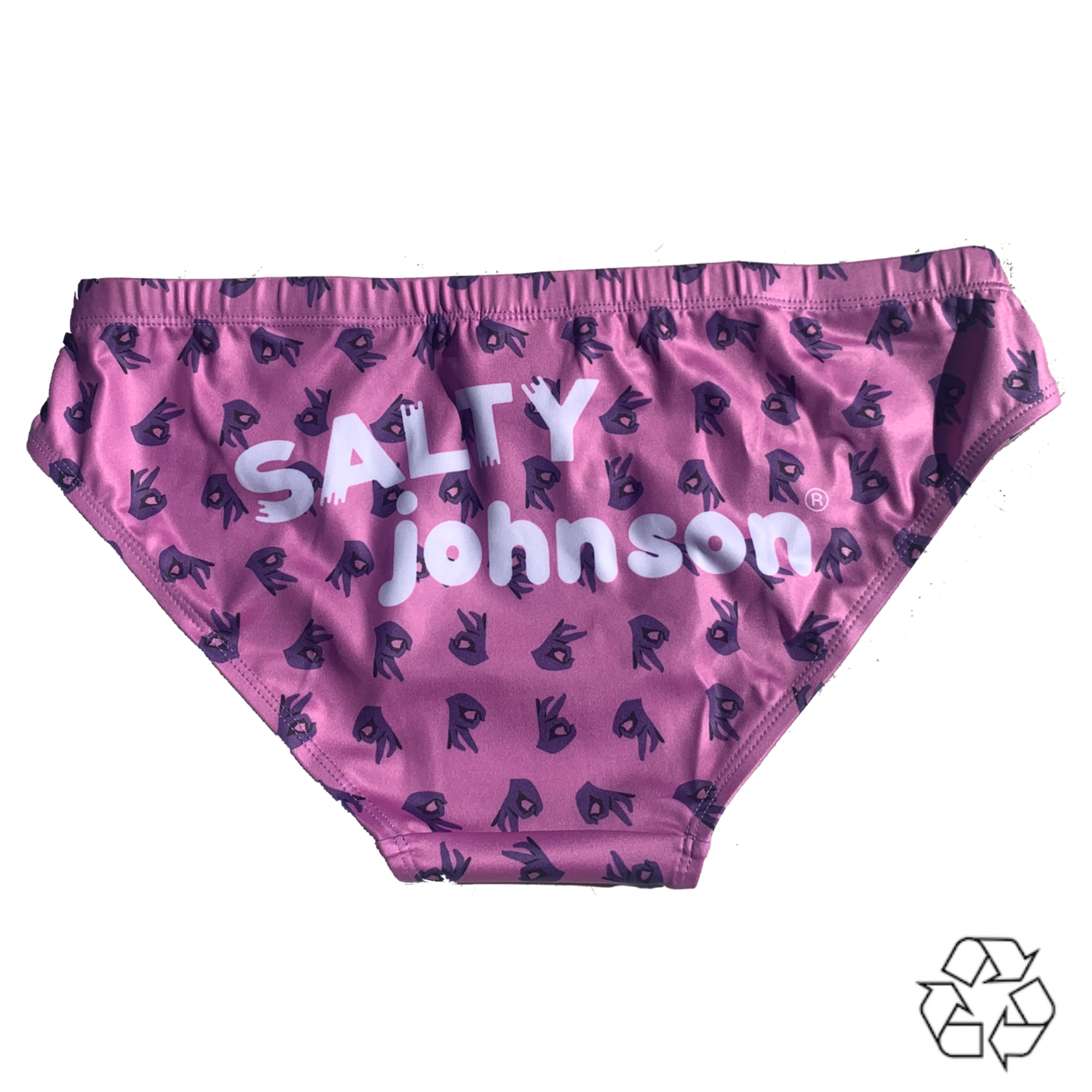 Sustainable mens swim briefs by Salty Johnson AU in purple with black symbols and white logo