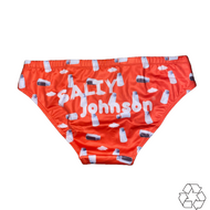 Salty Johnson sustainable mens swim briefs in red with bottle print and logo design