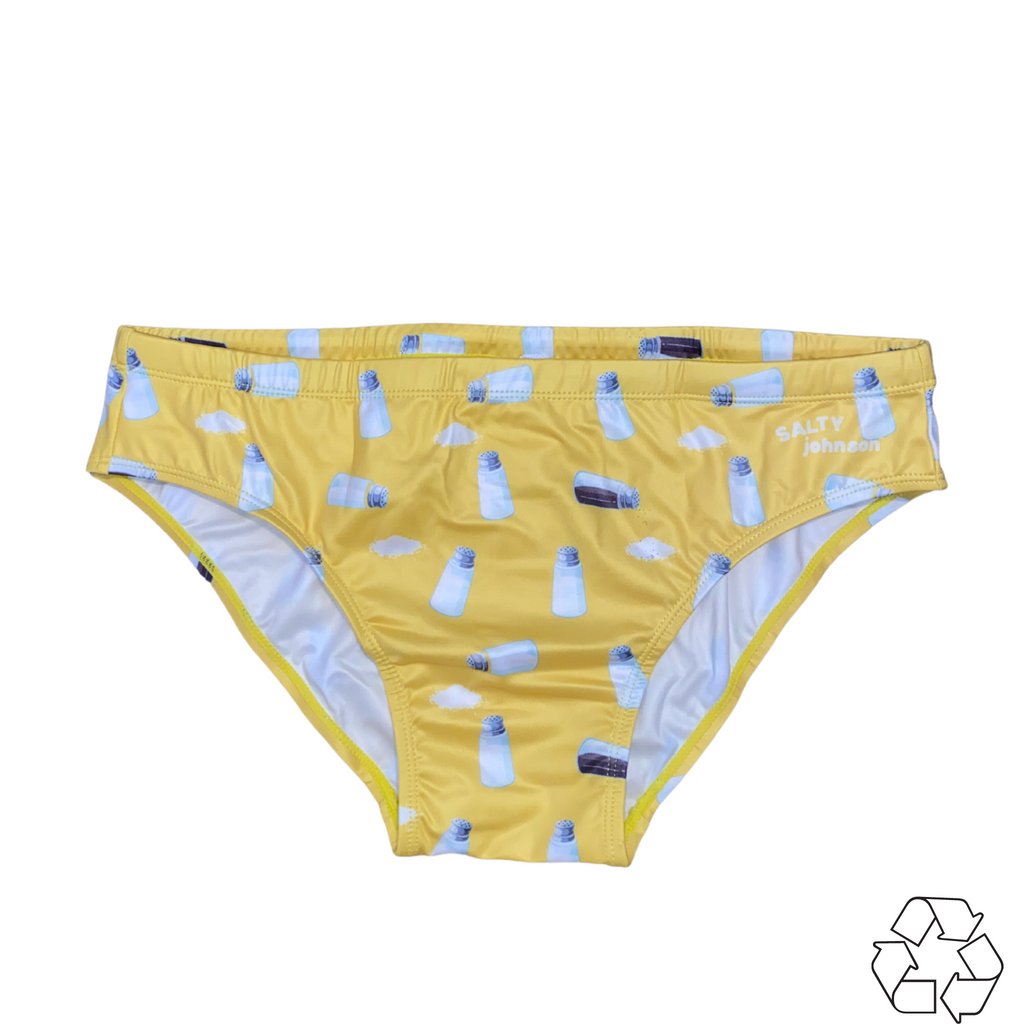 Salty Johnson sustainable mens swim briefs in yellow with milk bottle print and eco-friendly design