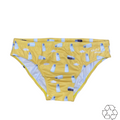 Salty Johnson sustainable mens swim briefs in yellow with milk bottle print and eco-friendly design