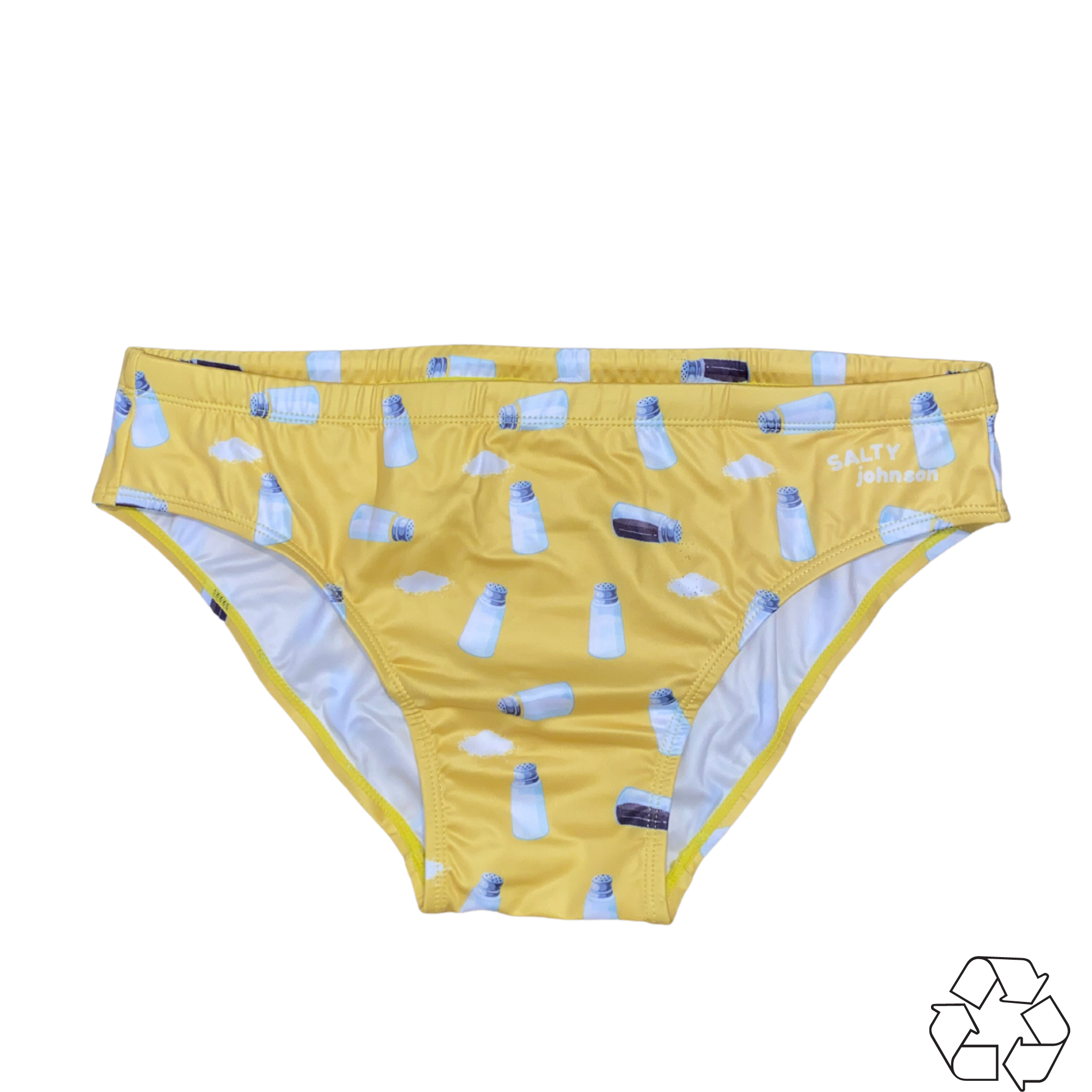 Salty Johnson sustainable mens swim briefs in yellow with milk bottle print and eco-friendly design