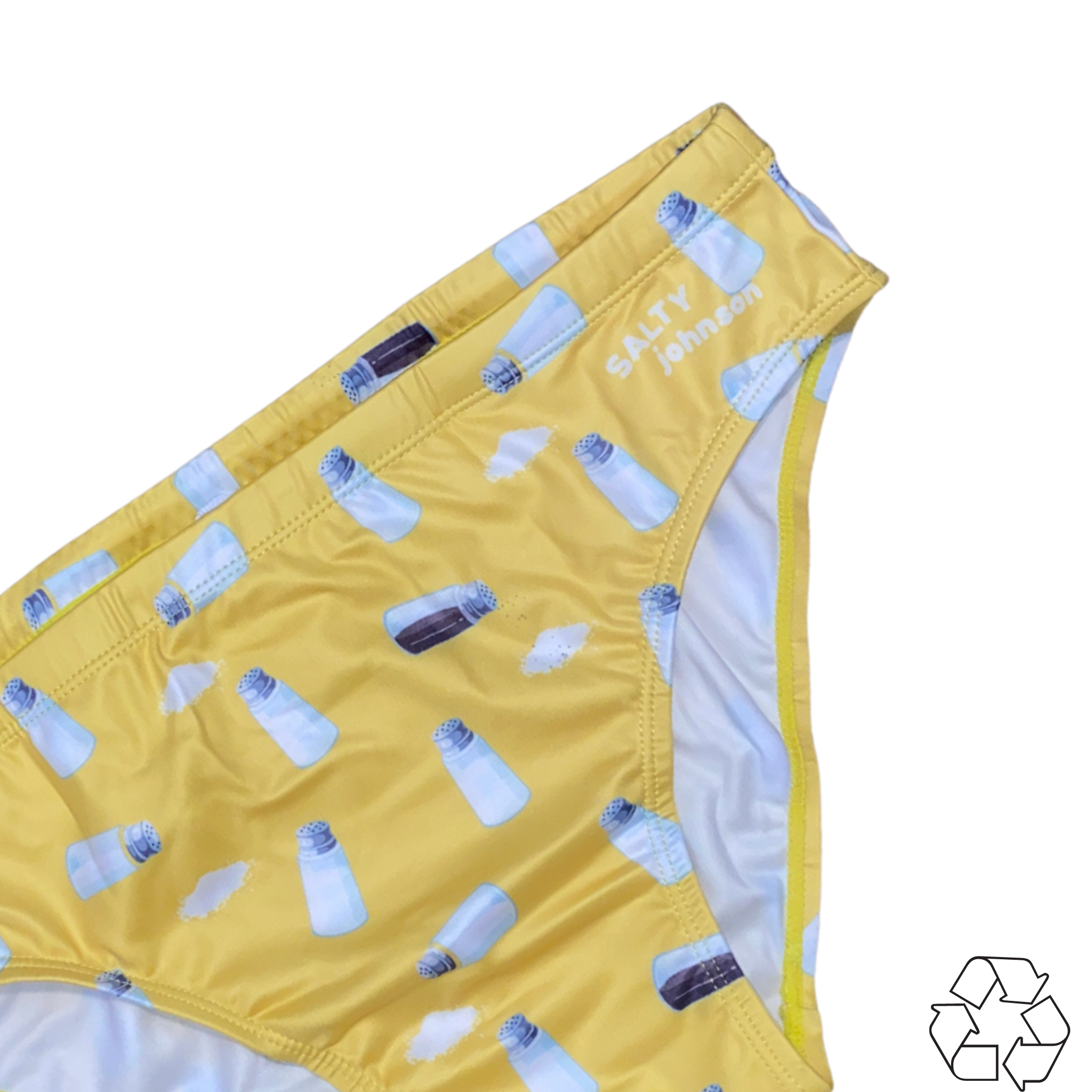 Salty Johnson sustainable mens swim briefs in yellow with salt shaker print for eco-friendly beachwear