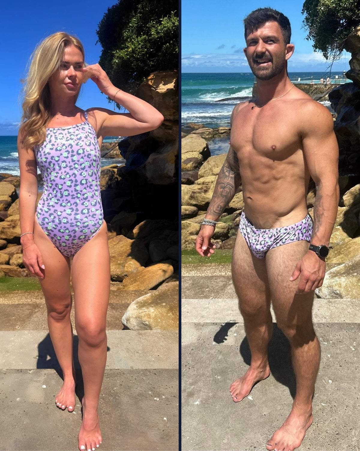 Two swimmers in matching Salty Johnson Purple Patch swimwear