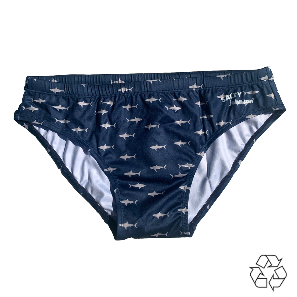 Salty Johnson AU sustainable mens swim briefs in navy with white shark pattern and eco-friendly fabric