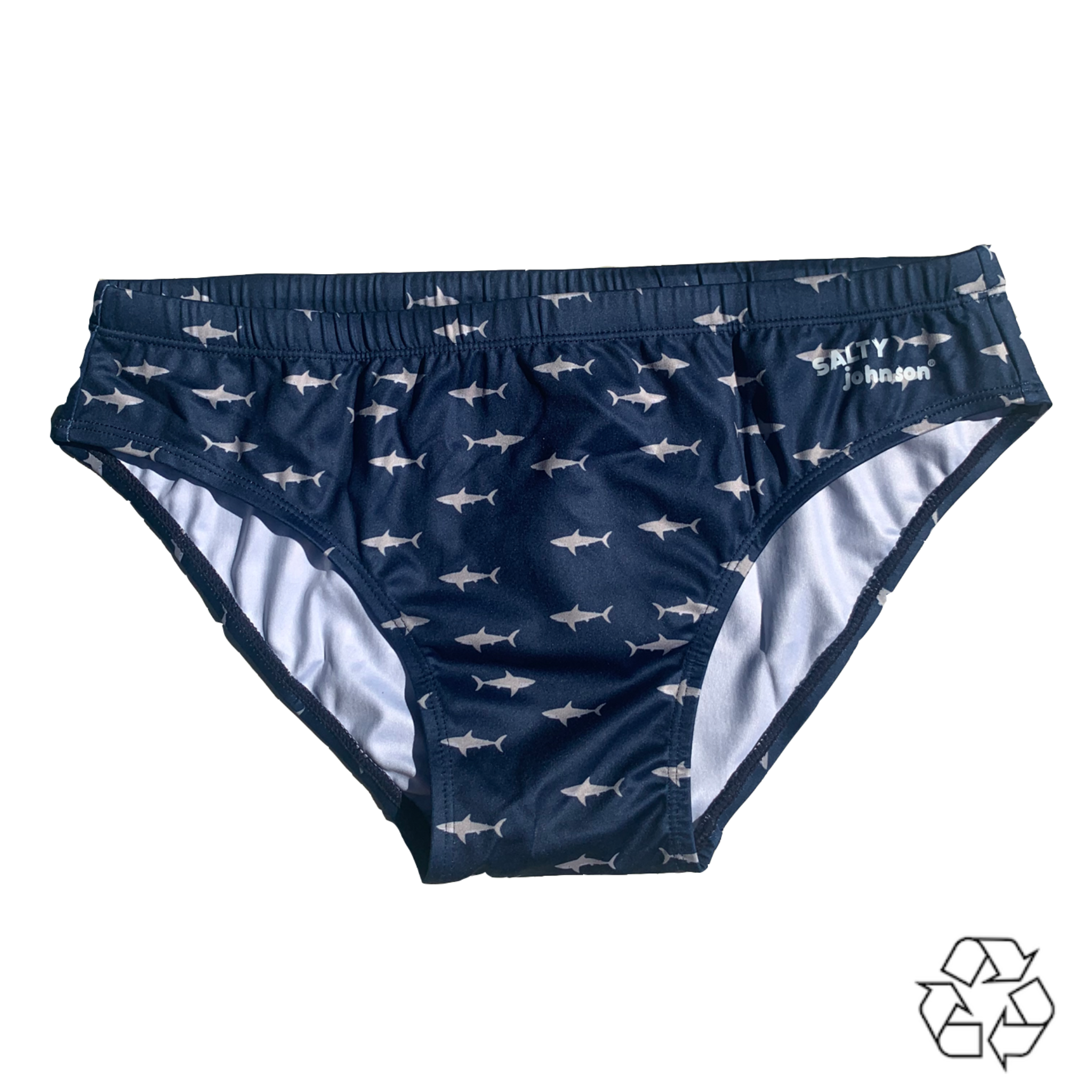 Salty Johnson AU sustainable mens swim briefs in navy with white shark pattern and eco-friendly fabric