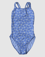 Salty Johnson AU sustainable womens one piece swimsuit in blue with yellow floral pattern