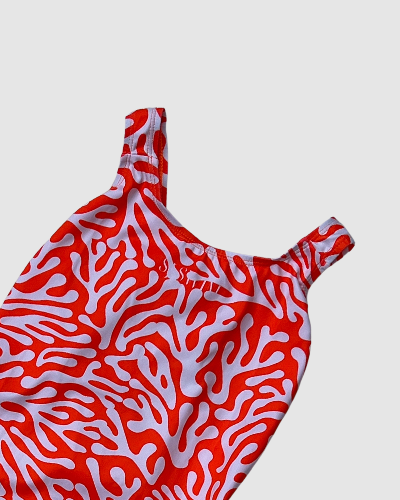 Coral Thick strap Sustainable womens one piece swimsuit in vibrant red coral design